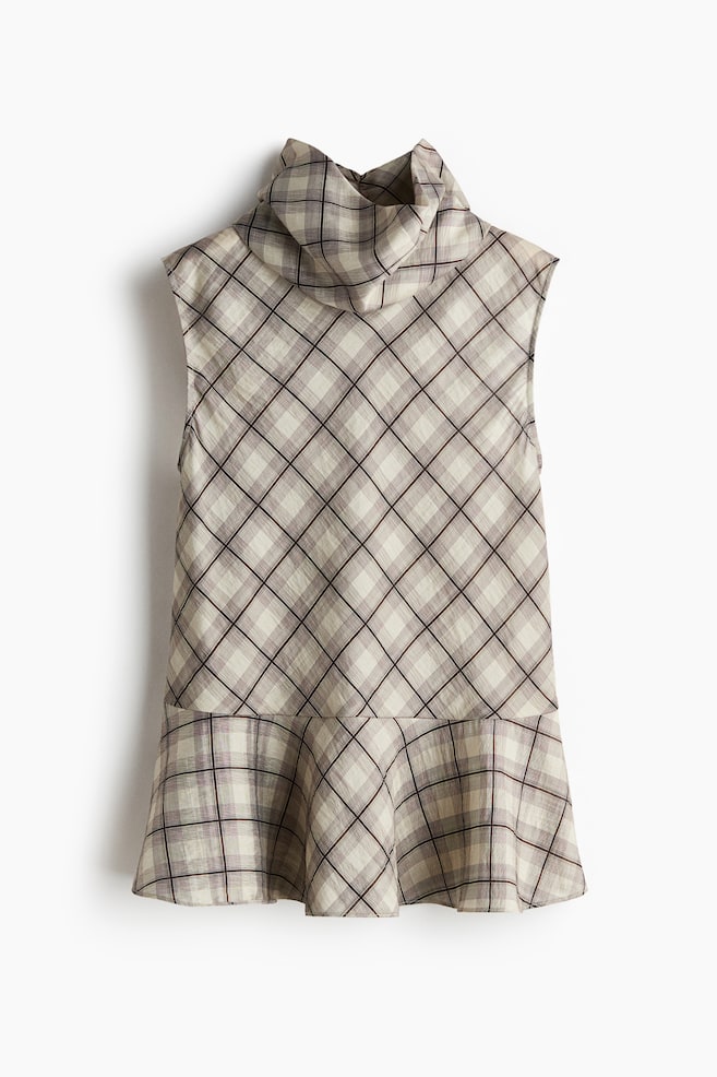Roll-neck peplum top - Light beige/Checked/Black - 1