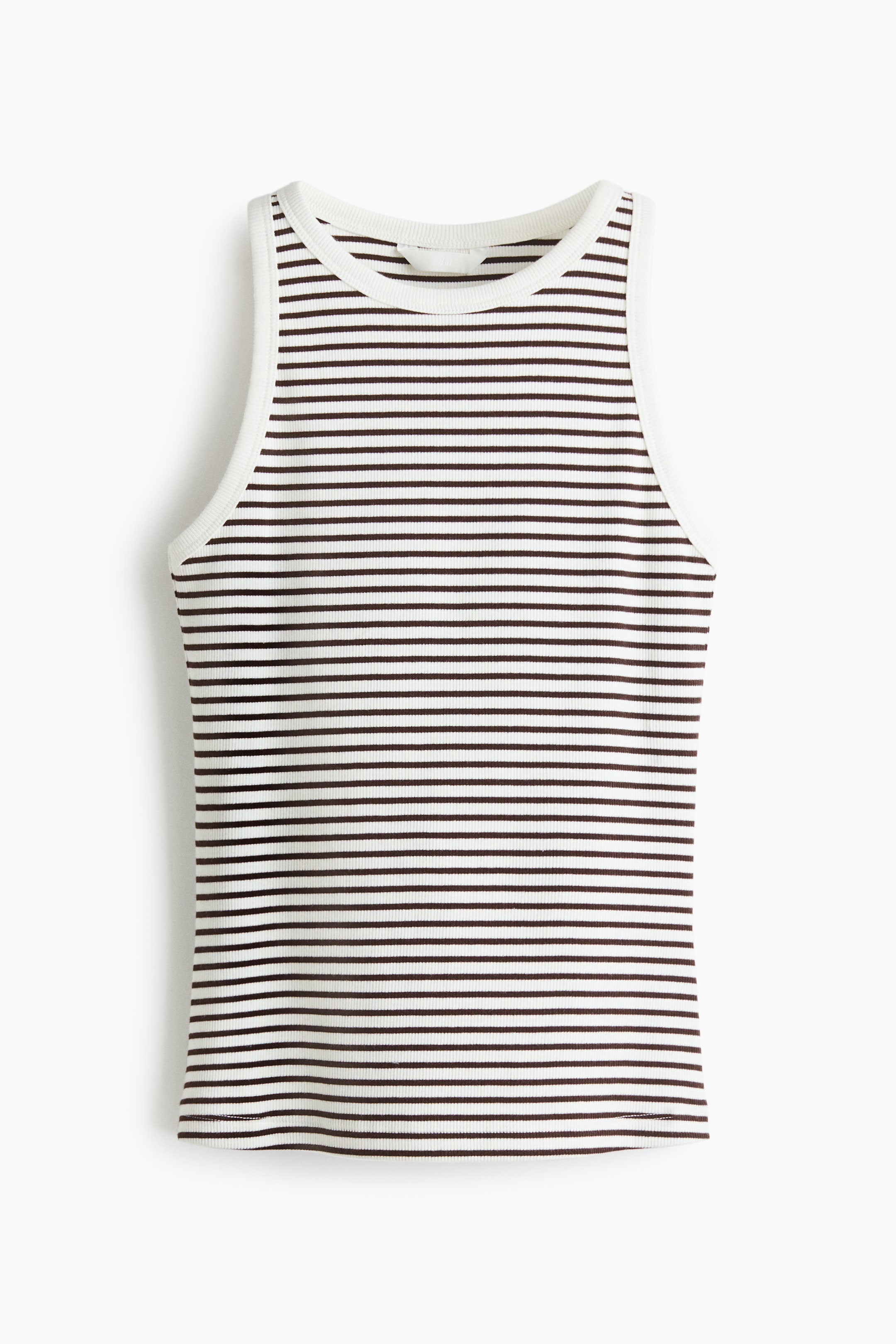 View larger image: The vest top features a front view, crafted from ribbed cotton jersey with white and dark horizontal stripes. It boasts a round neckline and armholes, both accented with white trim, and a straight-cut hem.