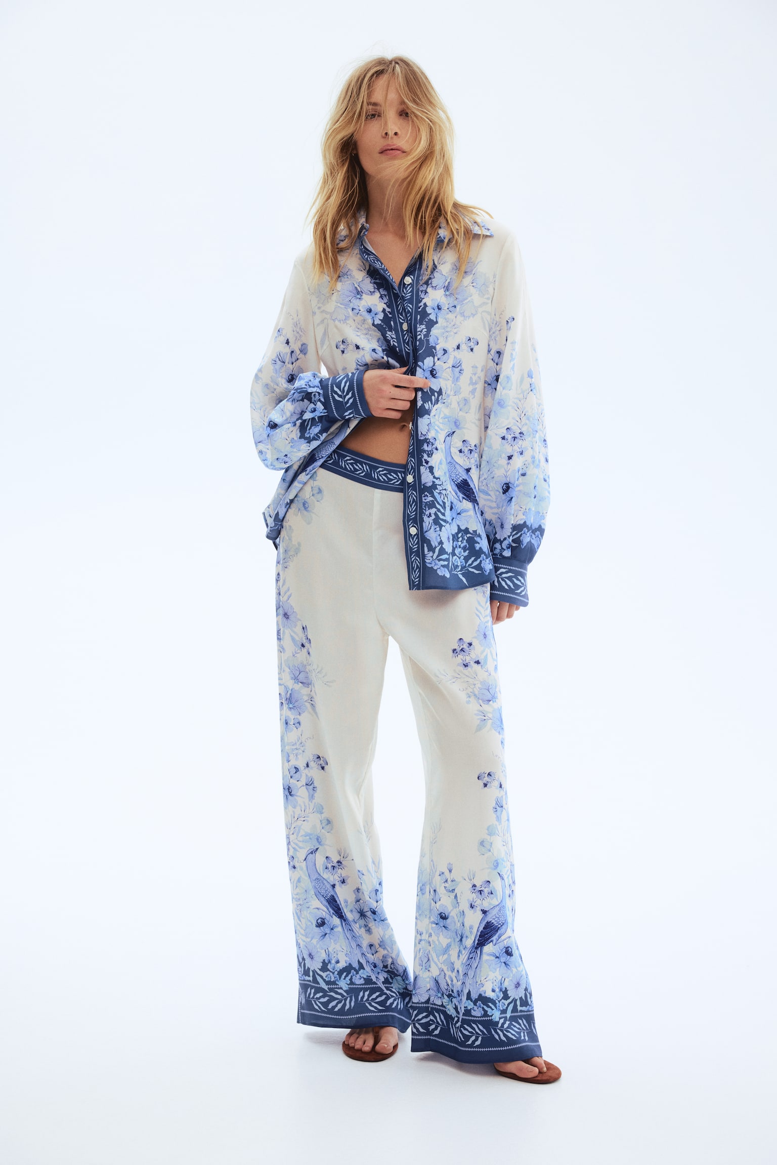 Printed lyocell trousers - Cream/Blue floral - 3