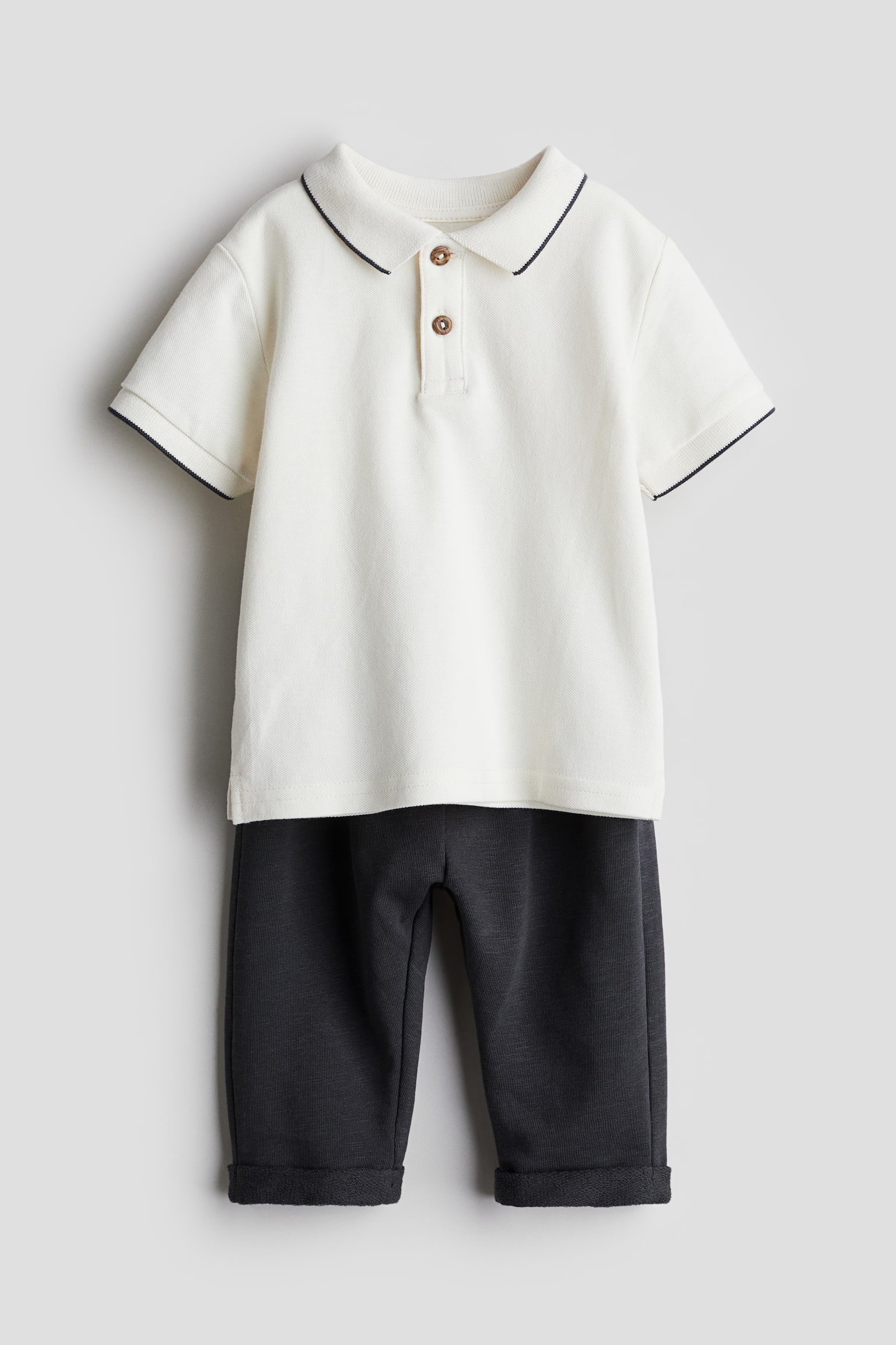 2-piece Polo Shirt & Pants Set - White/Dark grey/Dusty green/Beige - 1