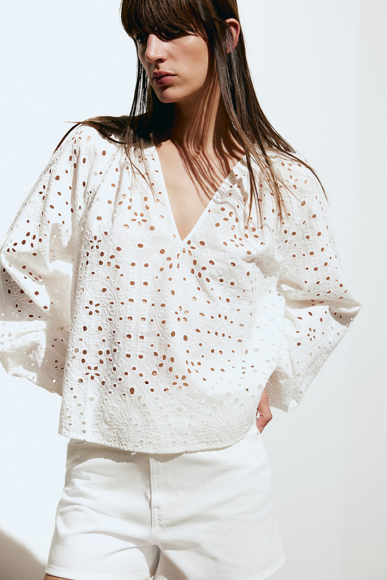 Blouse with Eyelet Embroidery - V-neck - Extra-long sleeve - White ...