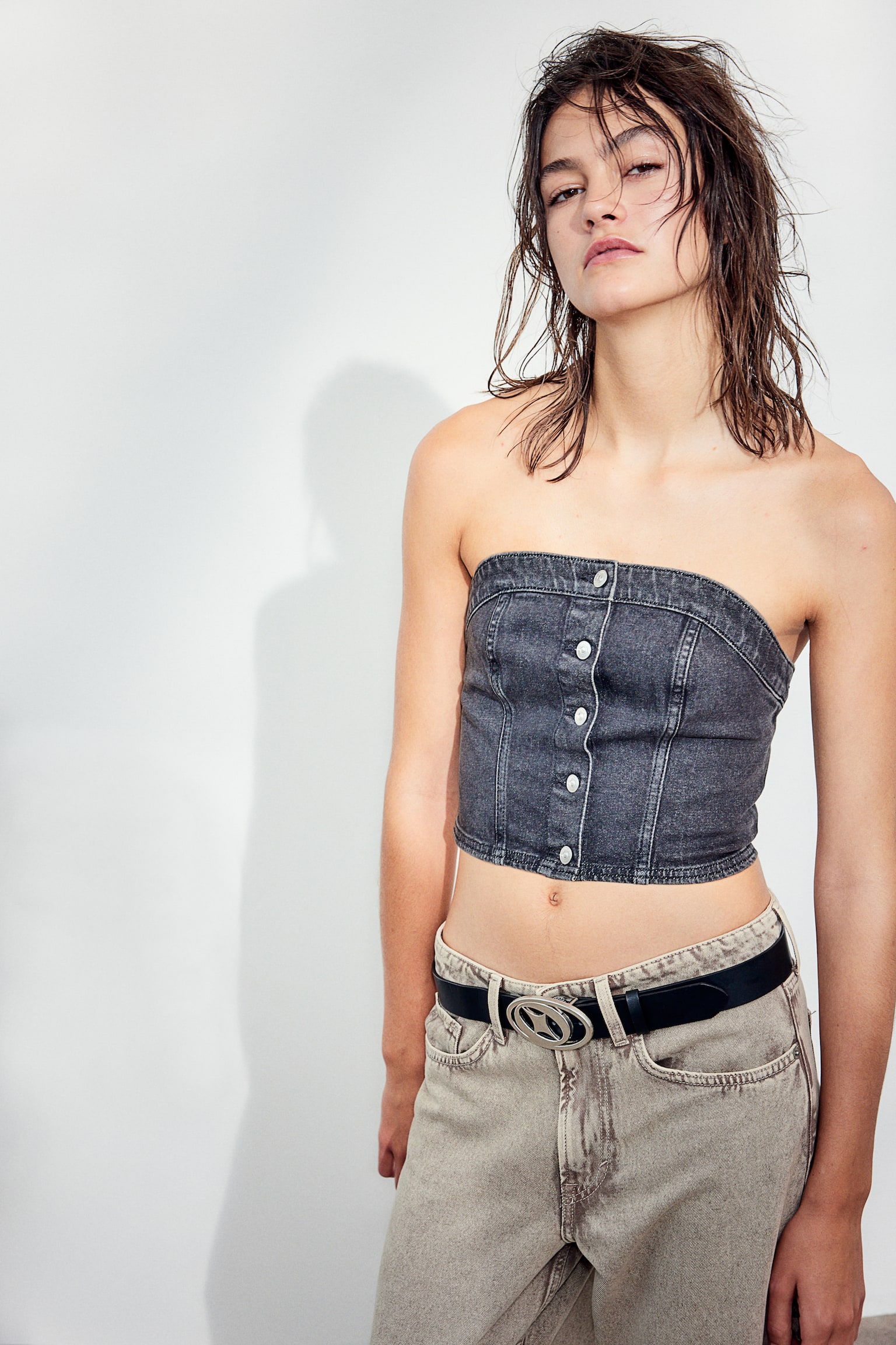 Denim Bustier Top - Black - 3