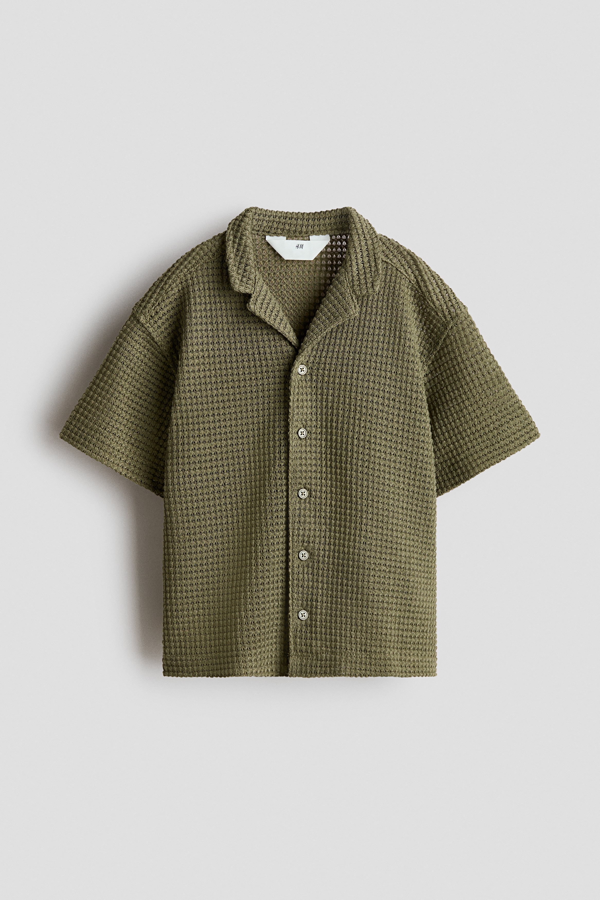 Textured-knit resort shirt - Khaki green/White