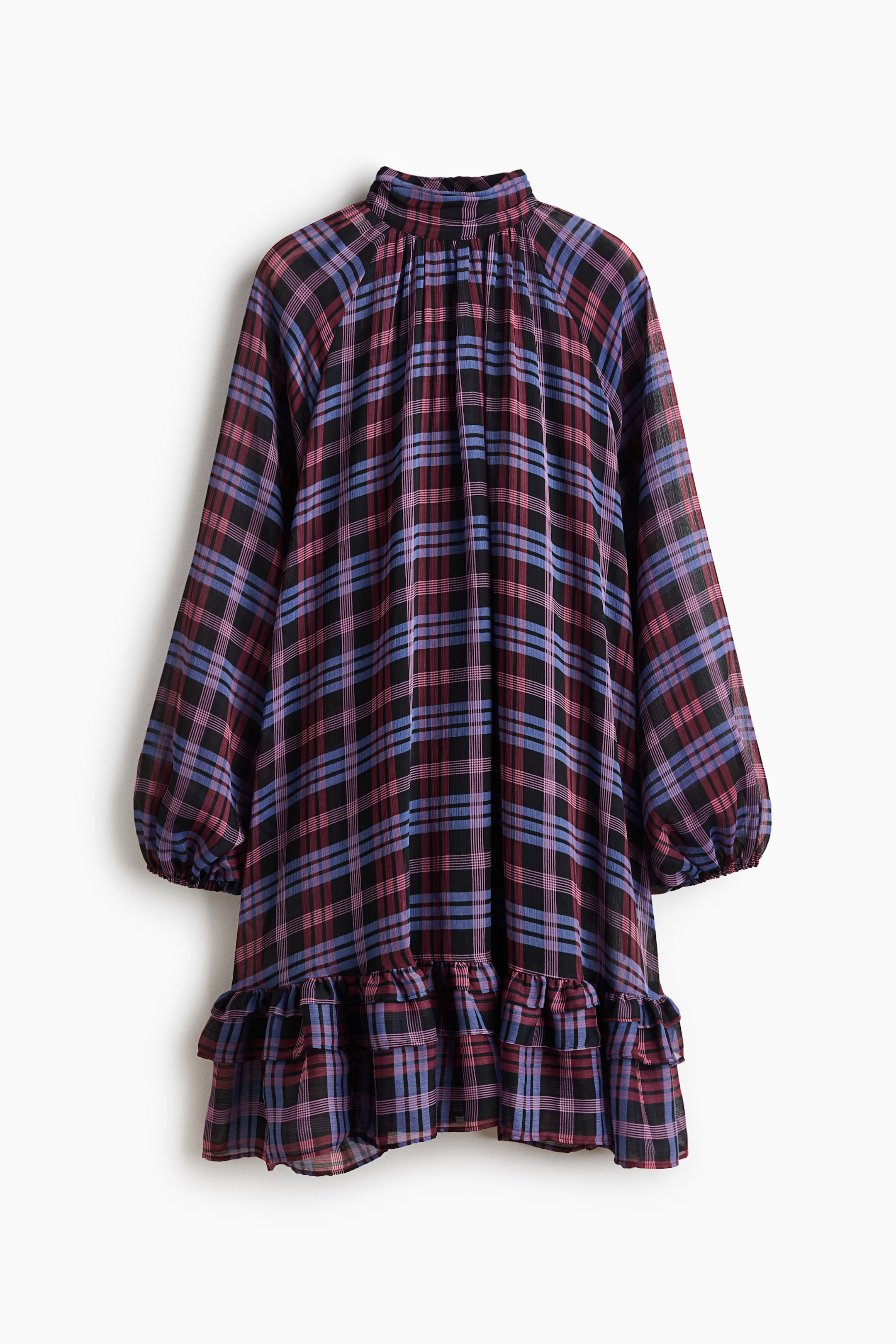 View larger image: Frill-trimmed chiffon dress - Burgundy/Checked - Ladies | H&M 1