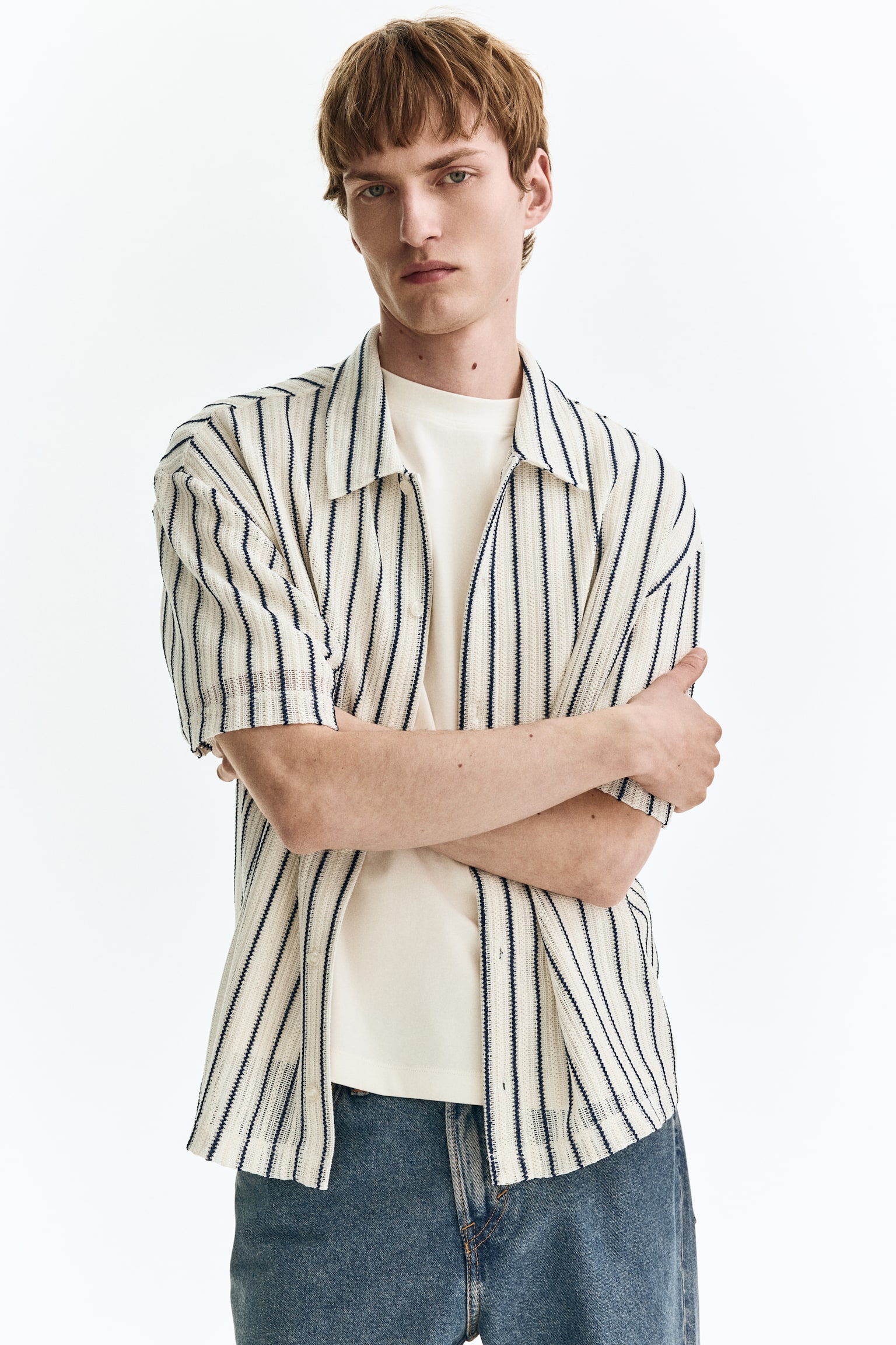 Regular Fit Textured-knit shirt - White/Striped/Dark brown/Striped - 4
