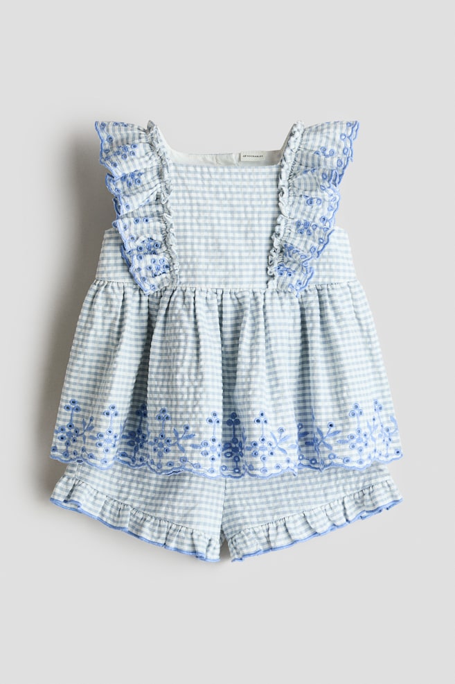 2-piece cotton muslin set - Light blue/Checked/Beige - 1