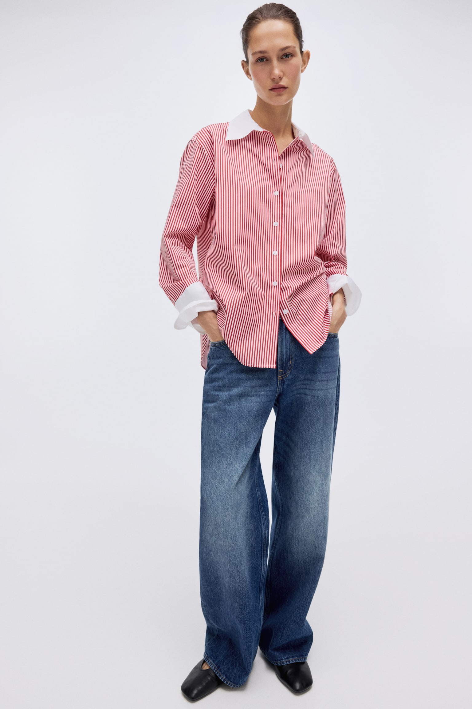 Pamuklu Poplin Gömlek - Kırmızı/Çizgili - 3