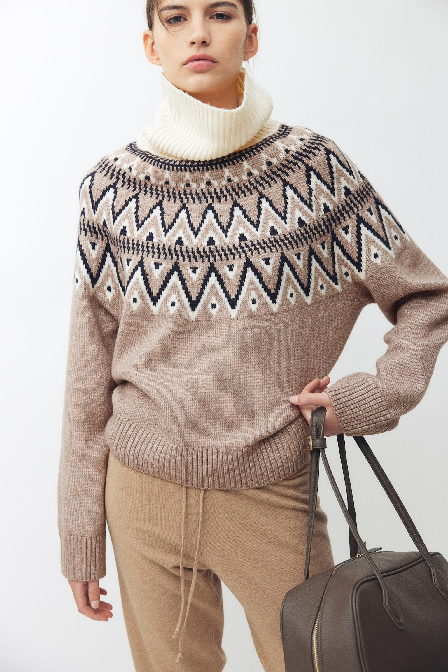 Jacquard-knit polo-neck jumper - Greige/Patterned/Light beige marl/Patterned/Navy blue/Patterned - 1