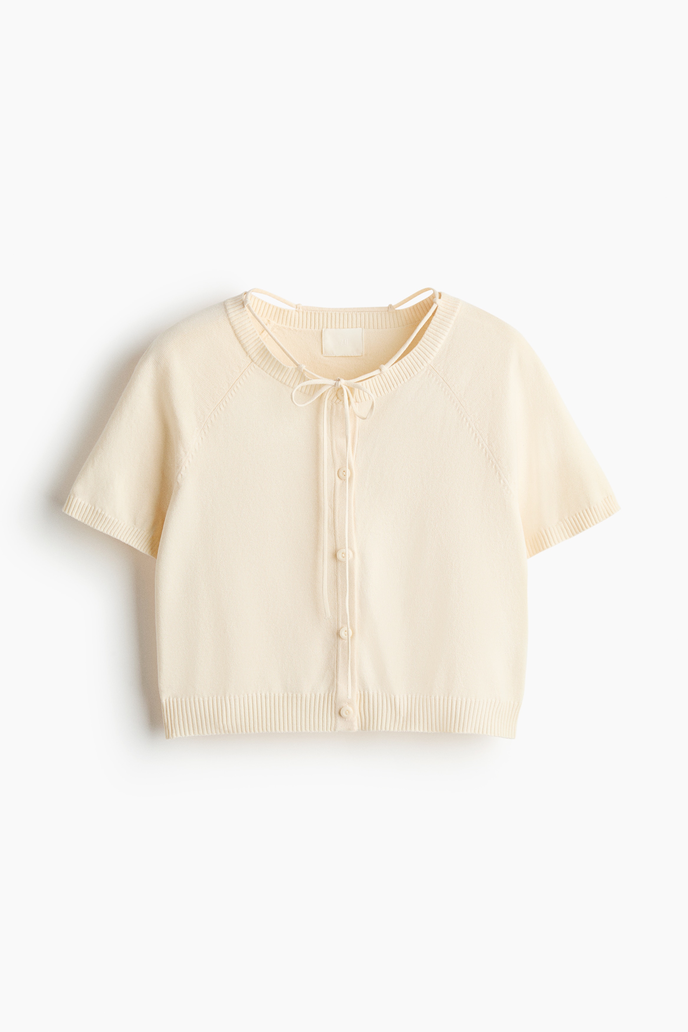 Short-sleeved tie-detail cardigan - Light beige/Light turquoise