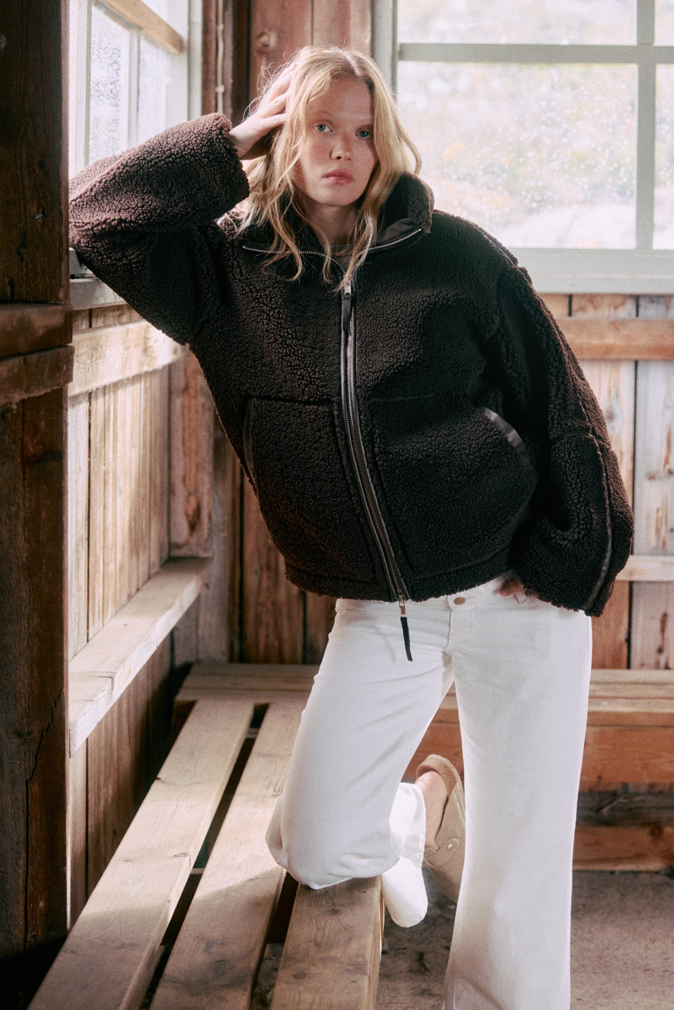 値下げ♡完売　新品　ella shaggy jacquard blouson Aldeburgh Borg Jacket Half Zip Coat Womens Tan Brown Teddy Borg