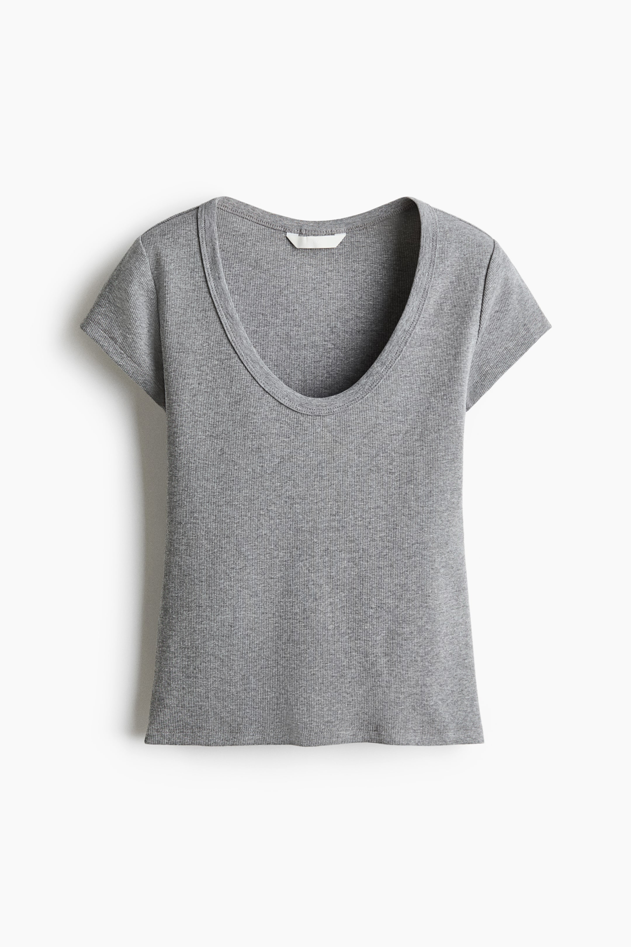 View larger image: A gray fitted t-shirt showcases its front view, crafted from ribbed cotton jersey with a scoop neckline, short sleeves, and a straight hem.
