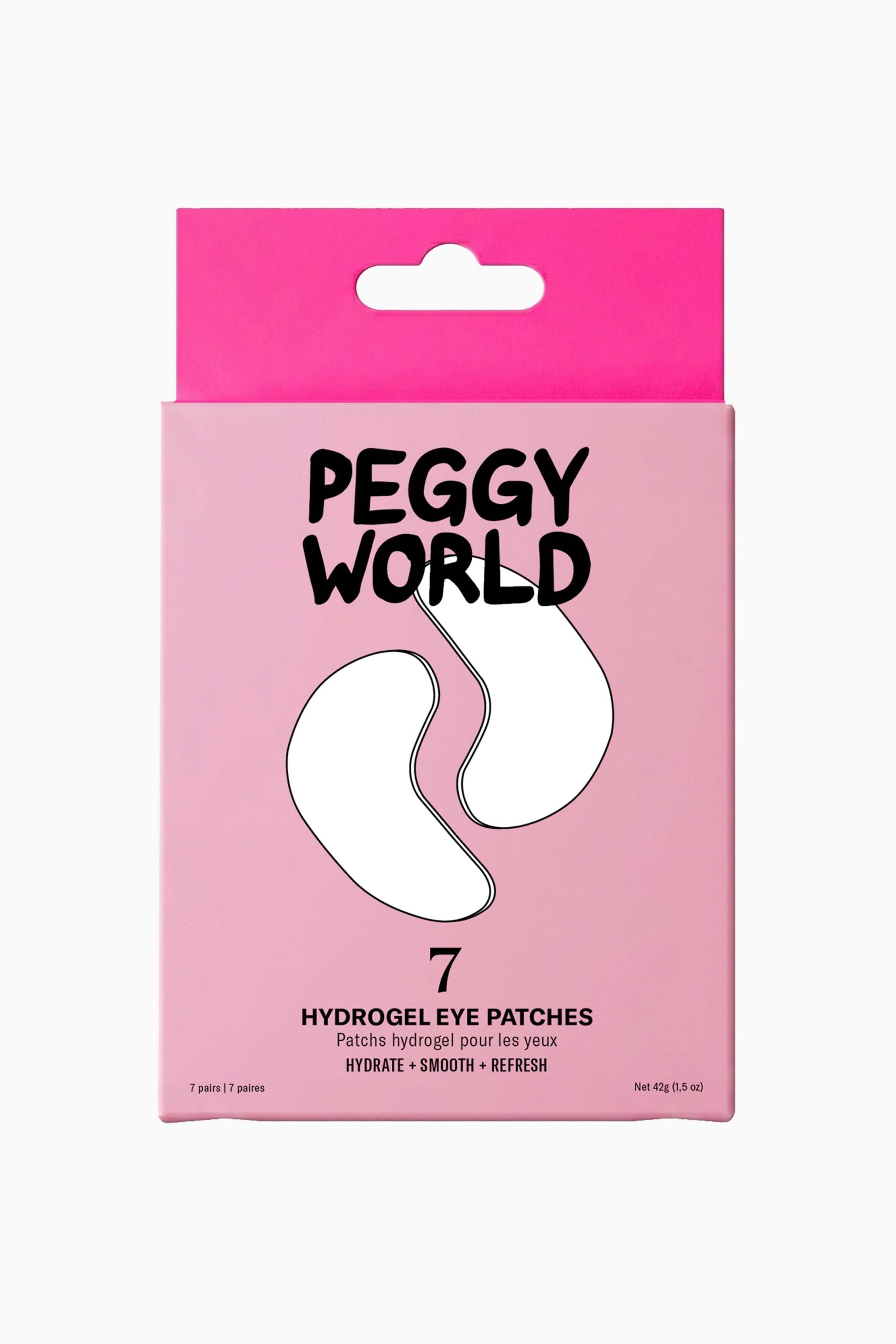 Visa större bild: En ljusrosa låda med Peggy World hydrogel ögonlappar står framåt, med ett ljusrosa topplock med en hängflik. Framsidan visar varumärket "Peggy World" i svart, kraftig text, två vita njurbönsformade ögonlappillustrationer och texten "7 Hydrogel Eye Patches."