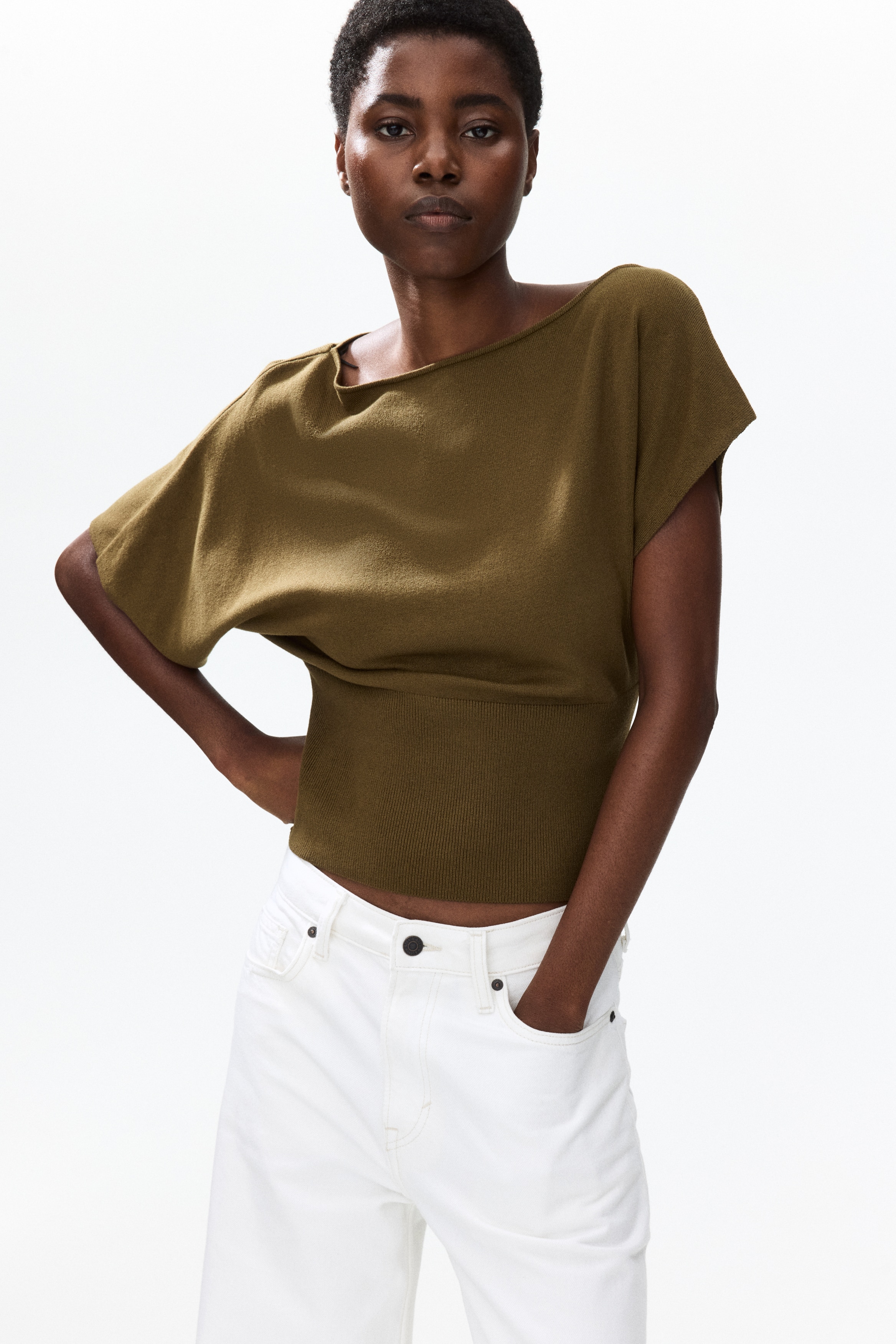 Women's Dark khaki green Fine-knit one-shoulder top | H&M