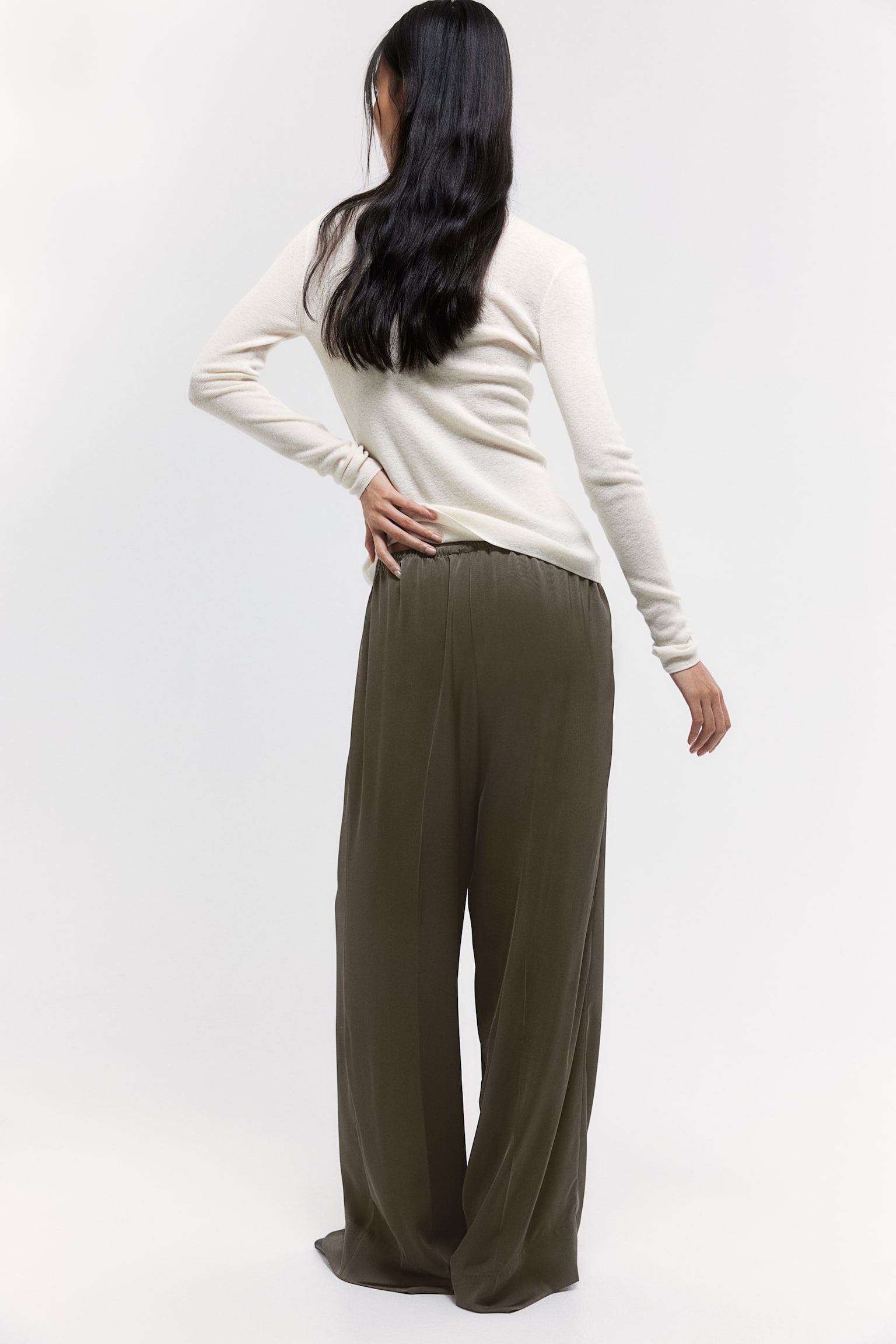 Wide drawstring trousers - Dark grey-green/Black/Light beige - 6