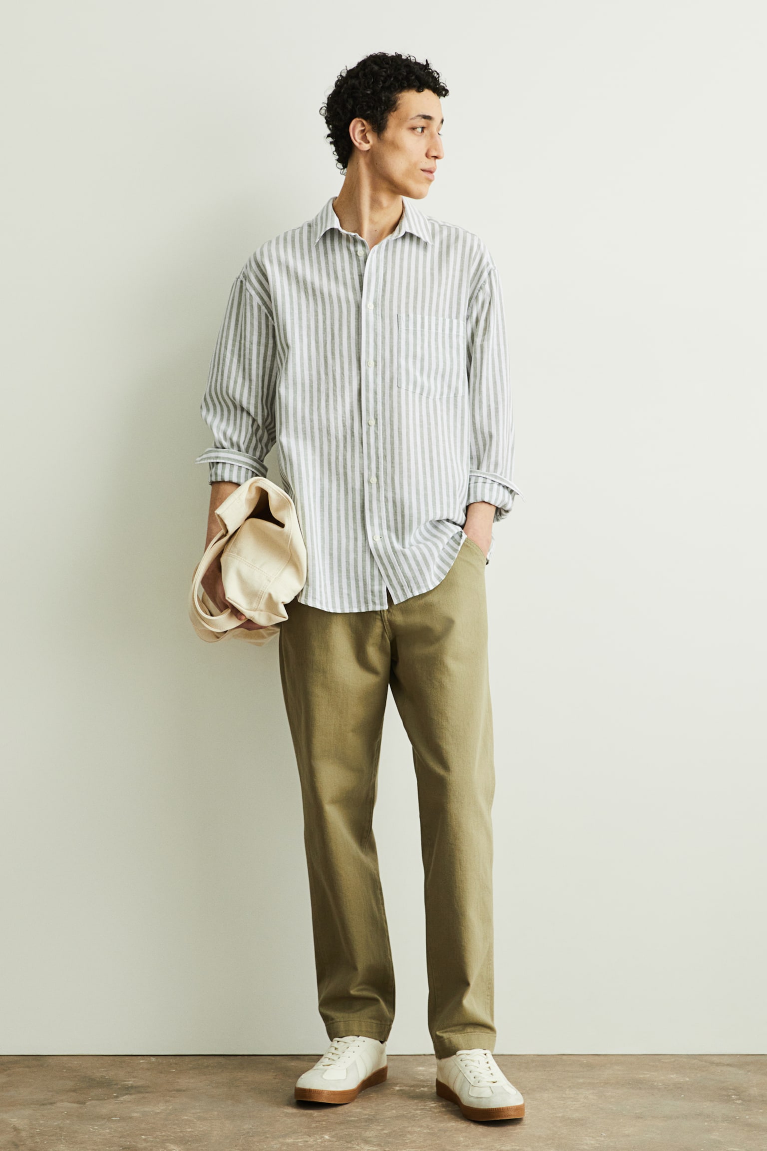 Relaxed Fit Linen-blend shirt - Khaki green/Striped/Beige/White - 3