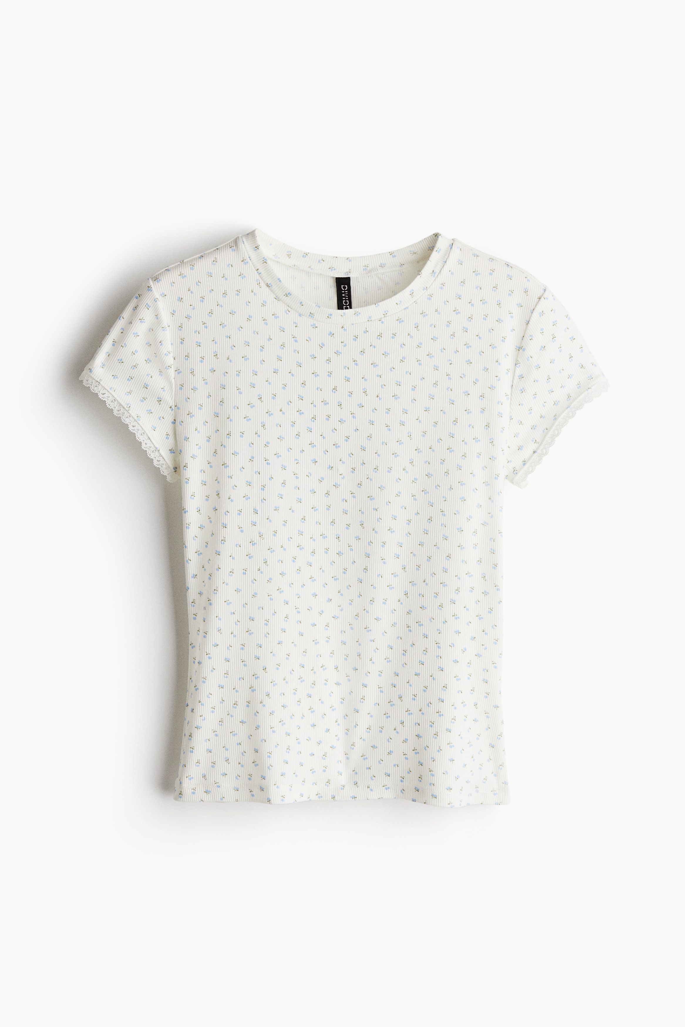 Geribd T-shirt met kant - Wit/bloemen/Zwart