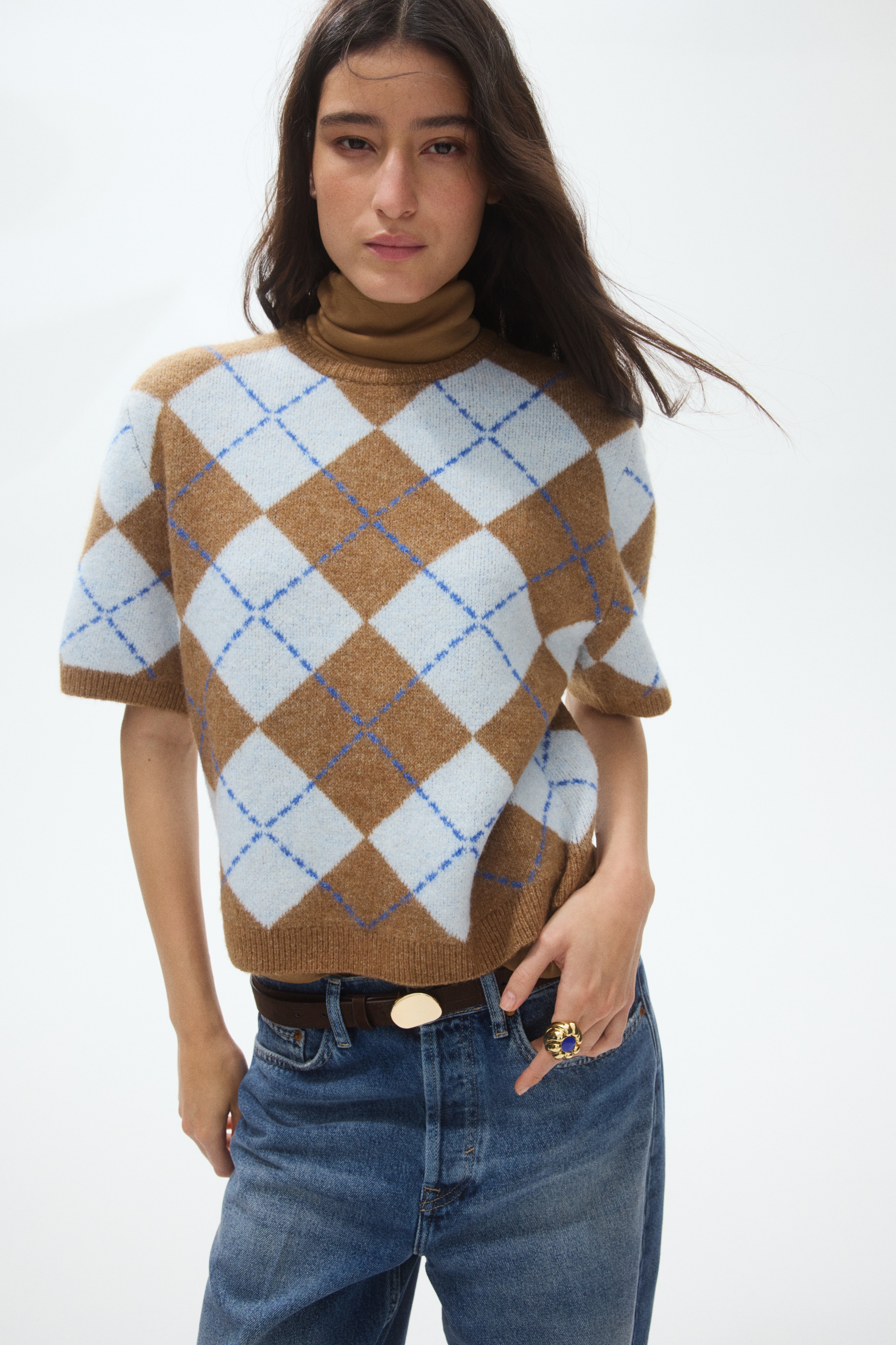 Women's Grey marle/Argyle pattern Short Sleeve Jacquard Knit
