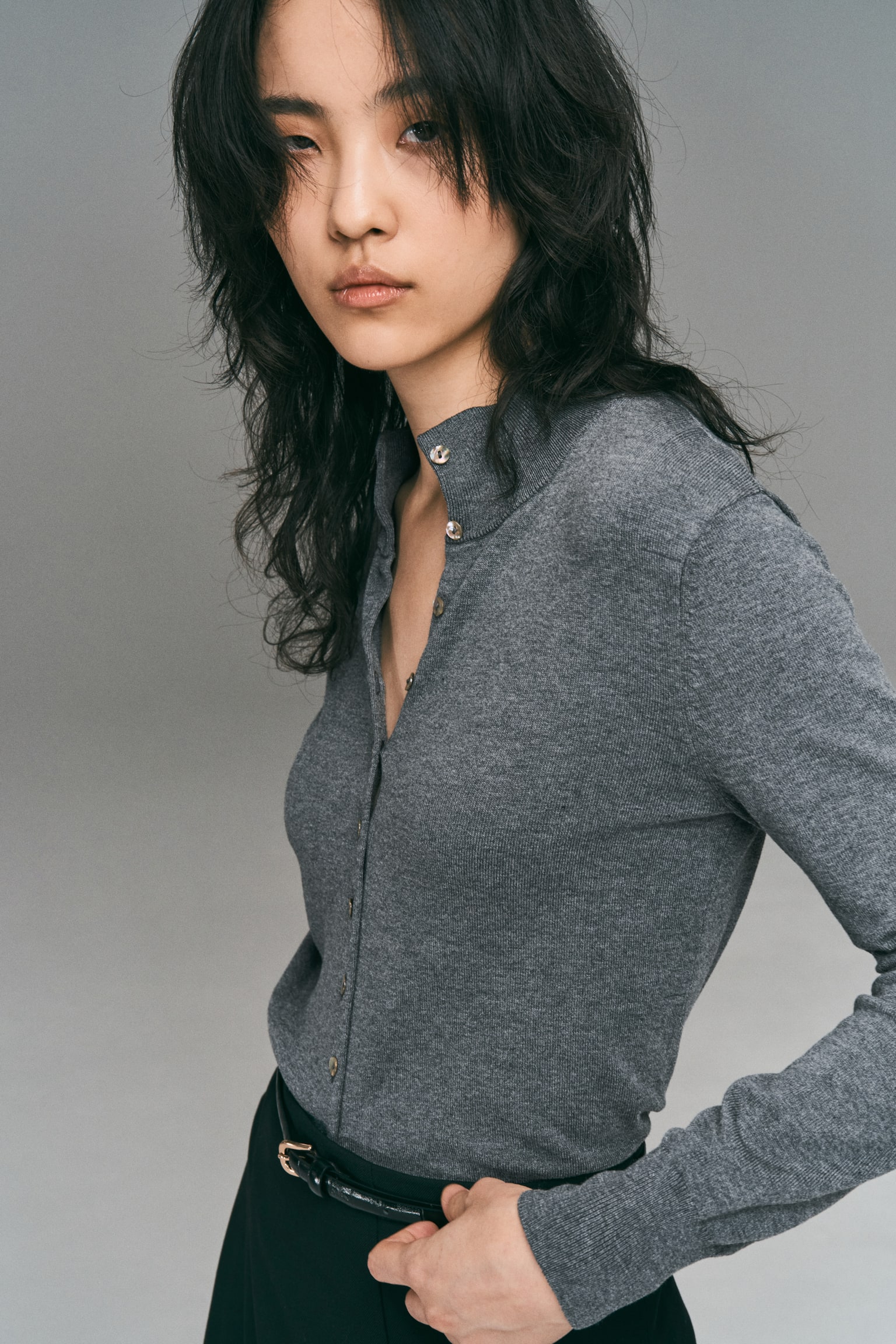 비스코스 블렌드 터틀넥 가디건 - 그레이 멜란지/라이트 블루 - 3