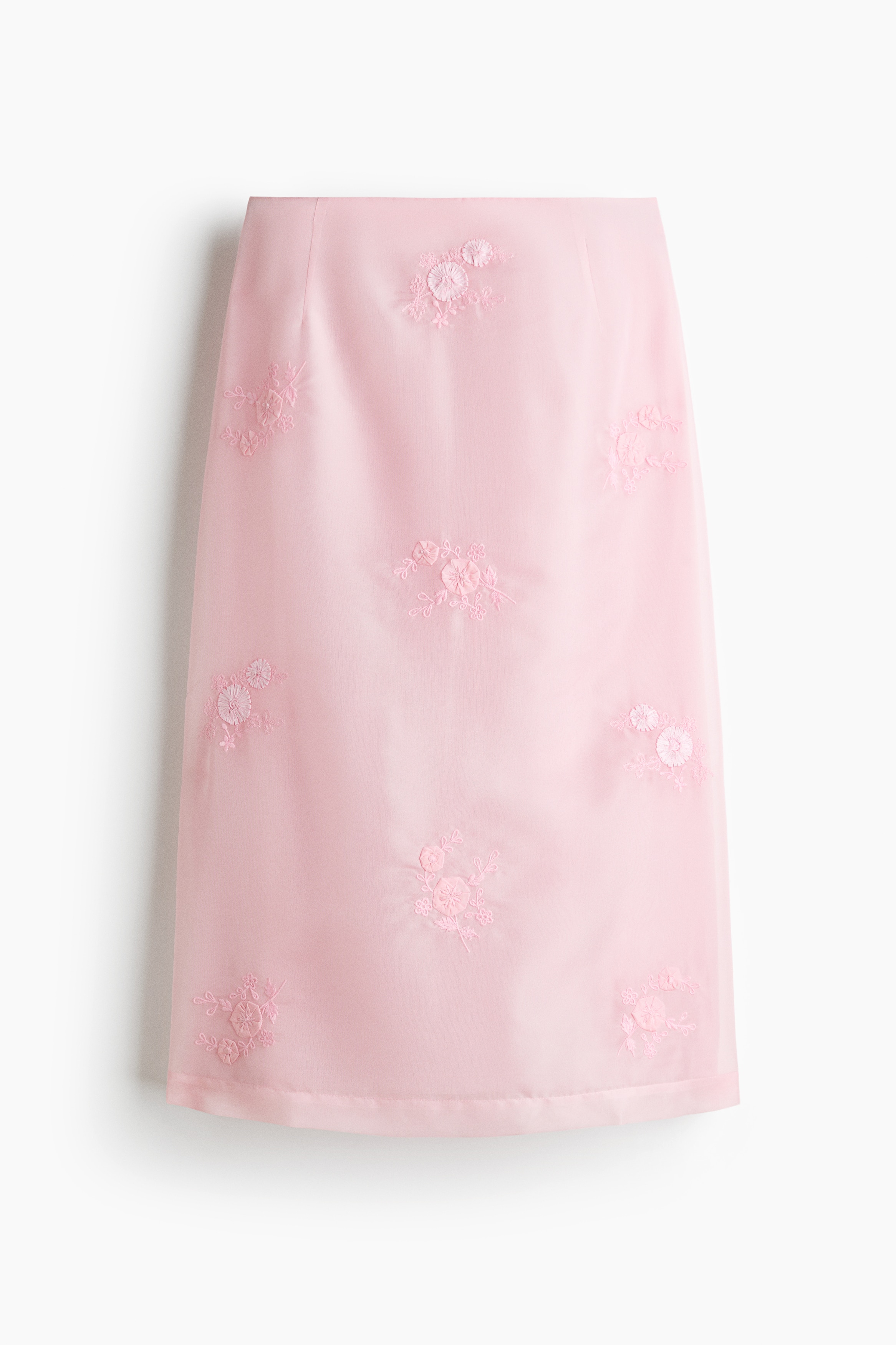 The model is wearing a light pink embroidered organza skirt featuring a semi-sheer fabric detailed with tonal floral embroidery. The skirt is styled with a matching long-sleeved sheer organza shirt with a tied waist.