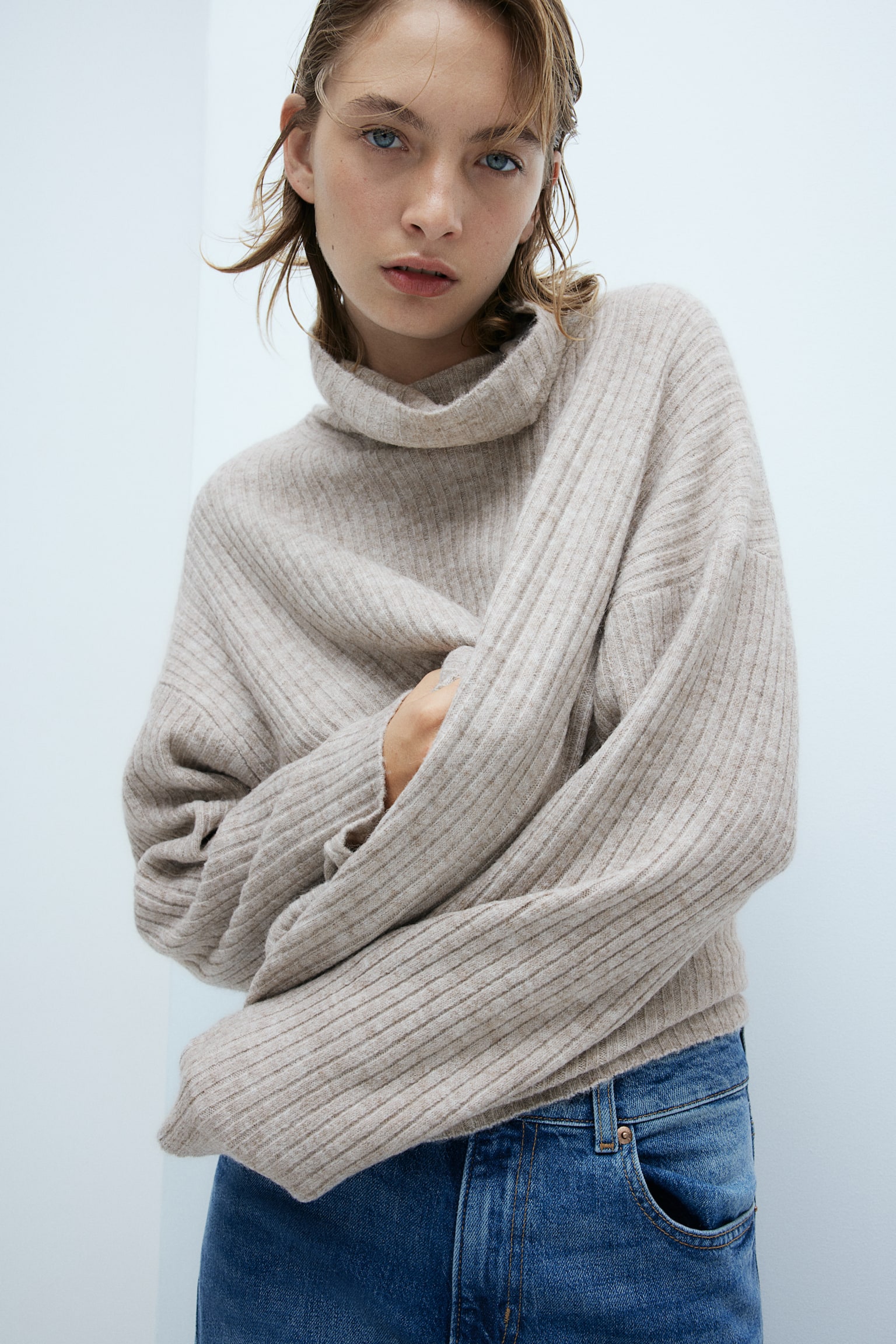 Oversized polo-neck jumper - Light beige marl/Dark grey marl/Cream/Light beige marl/Striped/Natural white/Striped - 6