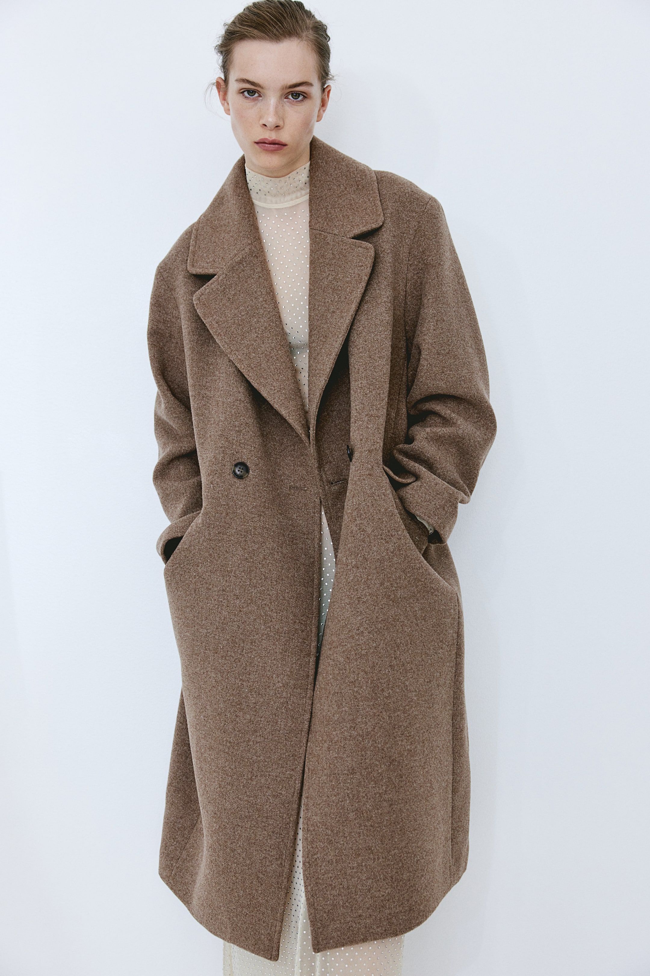 Double-breasted coat - Long sleeve - Long - Brown - Ladies | H&M GB