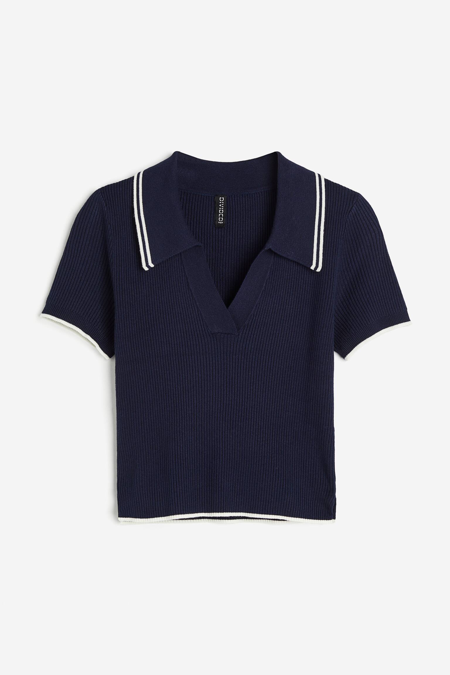 Rib Knit Collared Top - Dark blue/Black/Cream - 2