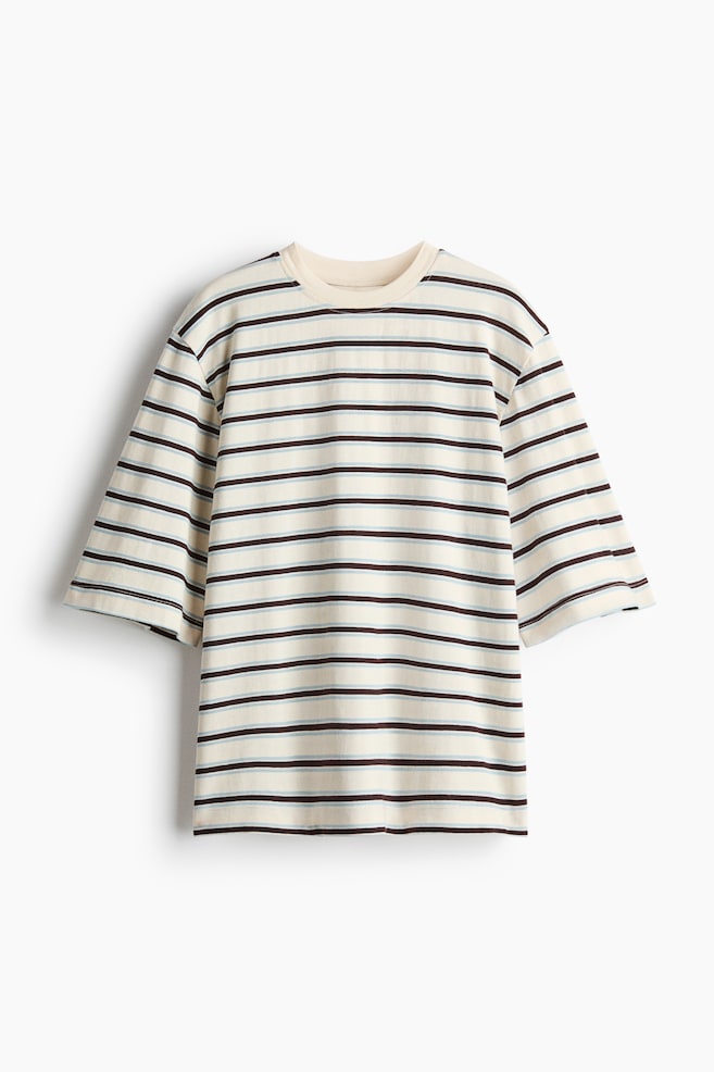Fijngebreid oversized T-shirt - Roomwit/gestreept - 1