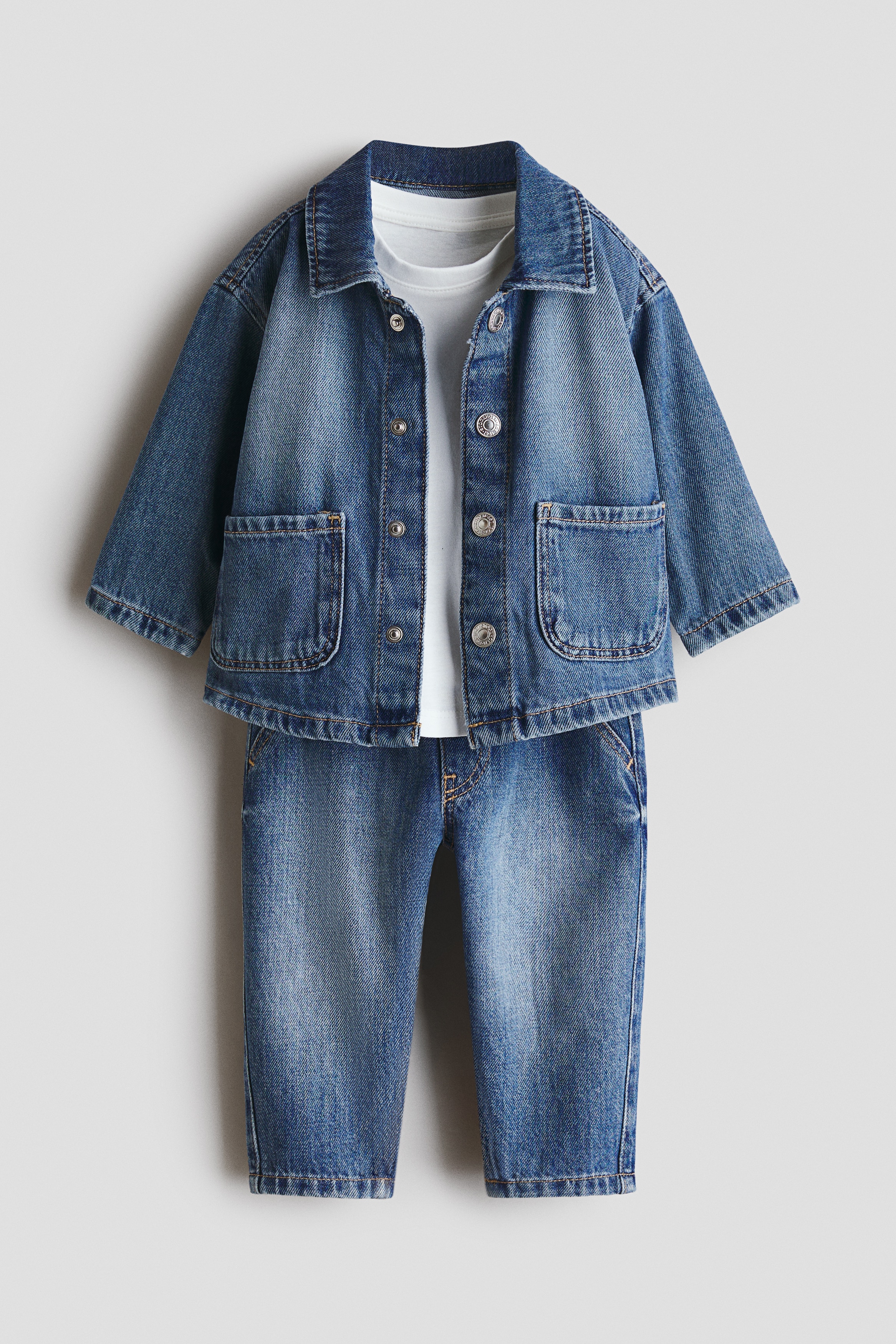 3-piece cotton set - Denim blue/White