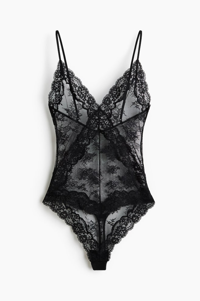 Body thong de encaje - Negro/Rosa tenue claro - 1