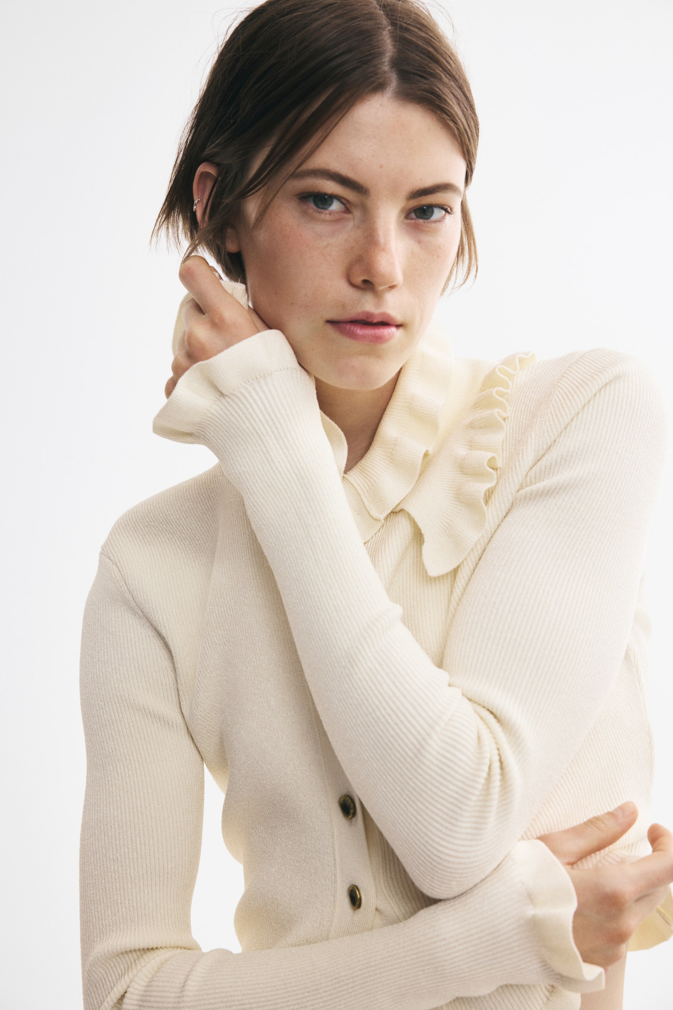 Ruffle-Trimmed Rib-Knit Top