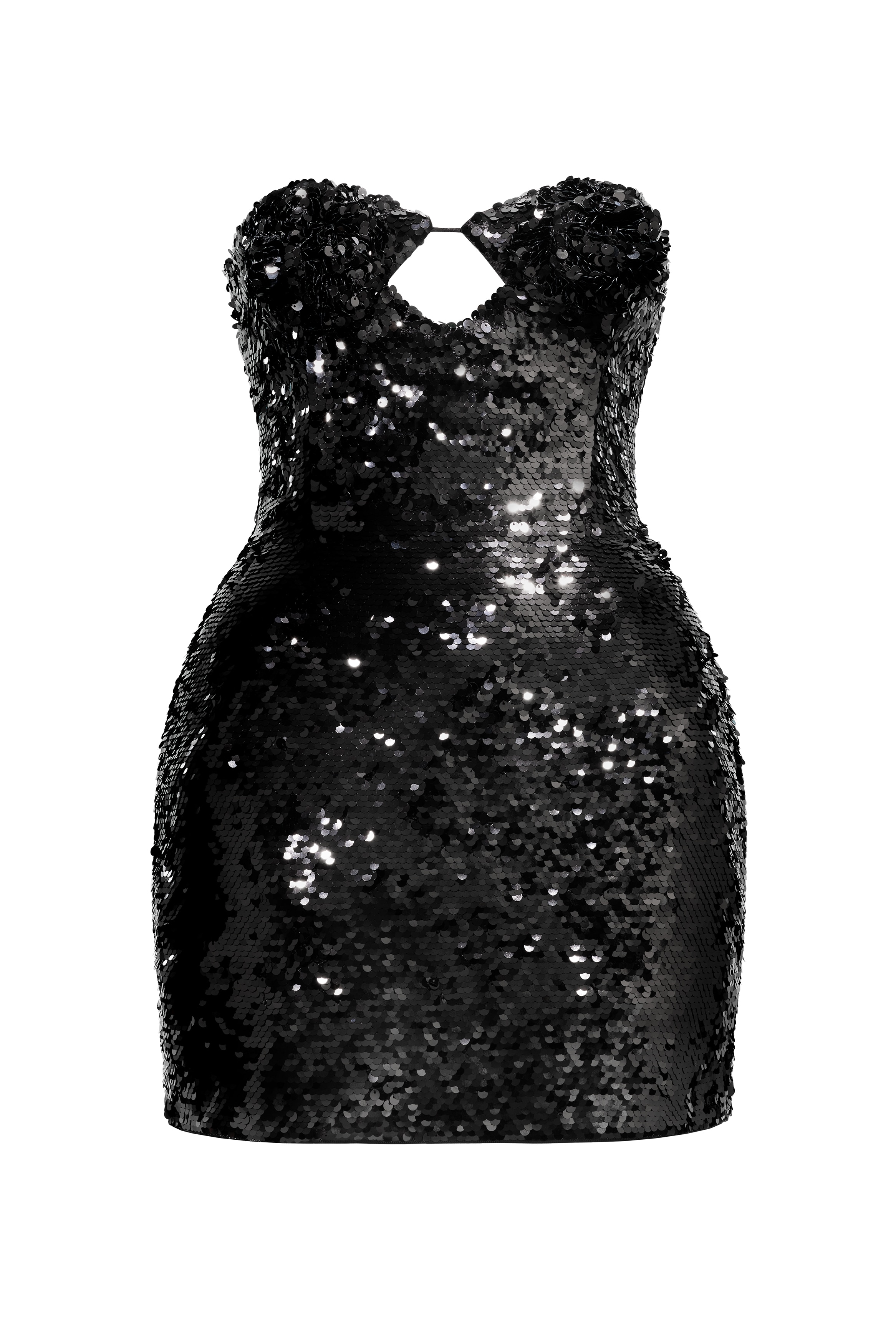 시퀸 로즈 아플리케 아워글라스 드레스 - 블랙