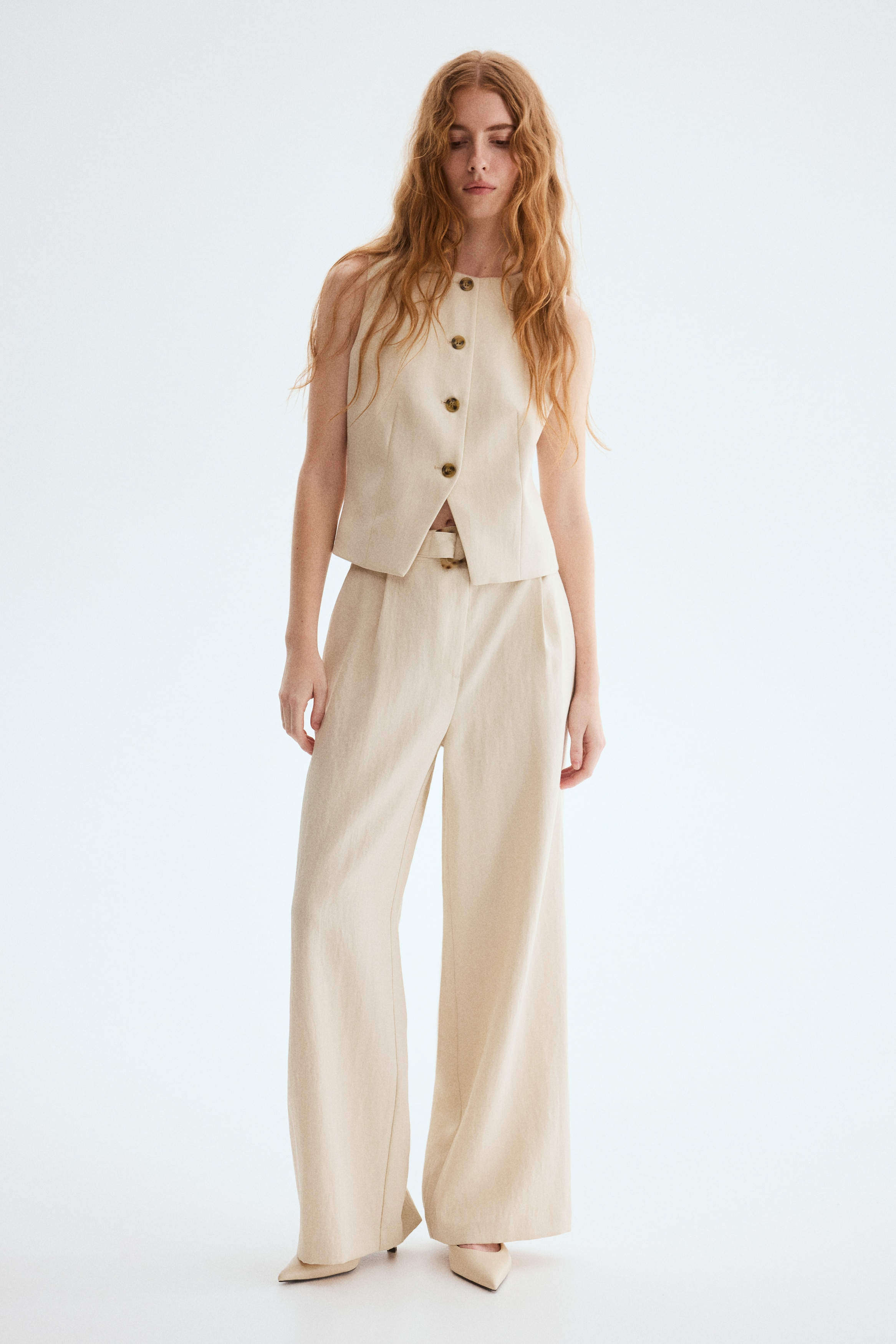 Wide belted trousers - Lichtbeige/Donkertaupe