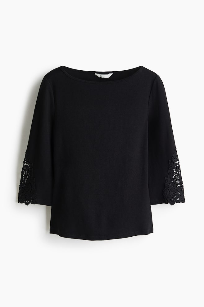 Boat-Neck Top with Lace Insets - Black/Dark dusty blue/Burgundy - 1