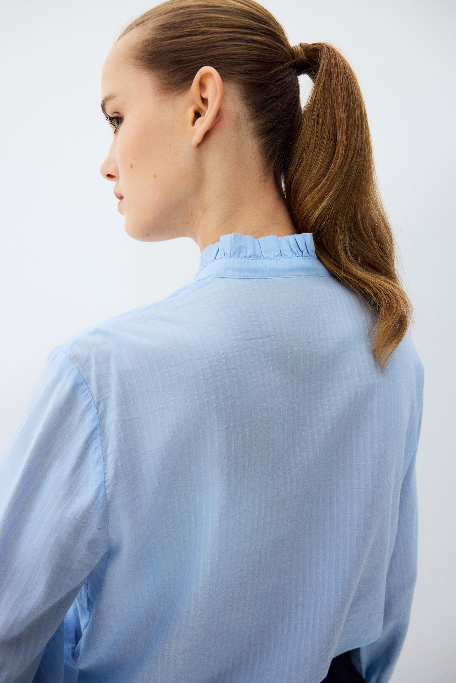 Frill-collared blouse - Light blue/Beige/Checked/White - 3