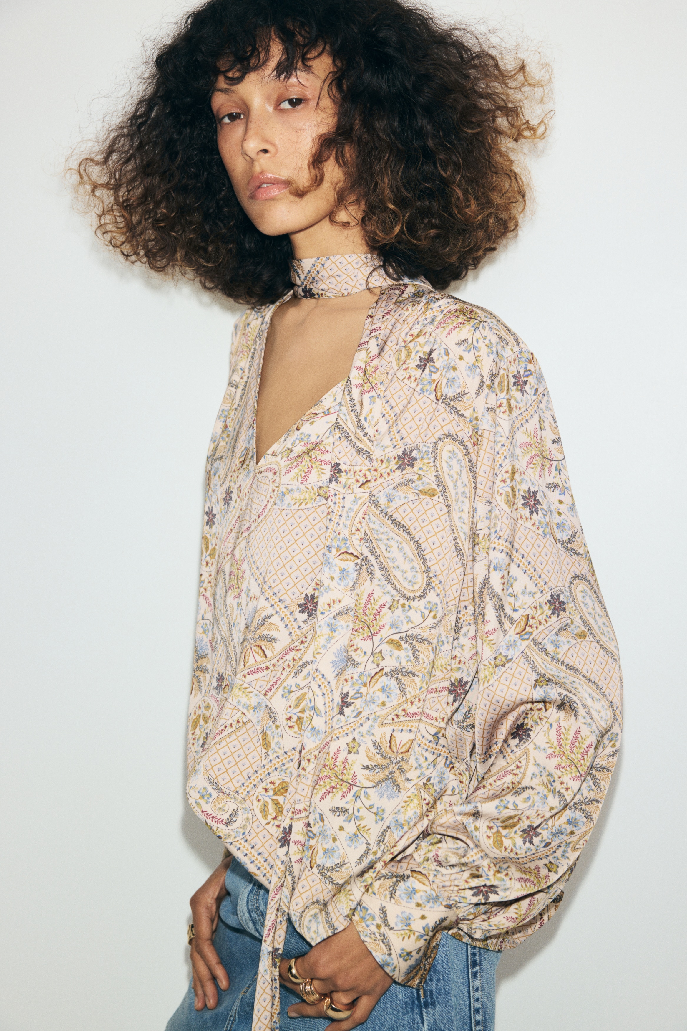 Má»t chiáº¿c Ã¡o blouse tay dÃ i ÄÆ°á»£c chá»¥p tá»« phÃ­a trÆ°á»c, ná»i báº­t vá»i há»a tiáº¿t paisley vÃ  hoa phá»§ toÃ n bá» bá» máº·t trong cÃ¡c tÃ´ng mÃ u be, xanh lam vÃ  vÃ ng tráº§m. Chiáº¿c Ã¡o cÃ³ pháº§n cá» cao vá»i nÆ¡ tá»± buá»c á» ÄÆ°á»ng viá»n cá», vai nhÃºn vÃ  tay dÃ i vá»i cá» tay Ã¡o rá»ng, cÃ i nÃºt.