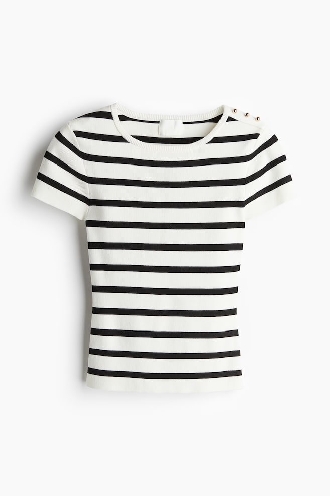 Fine-knit T-shirt - Cream/Black striped/Cream/Bright red/Burgundy/Dark khaki green/White/Cream - 1