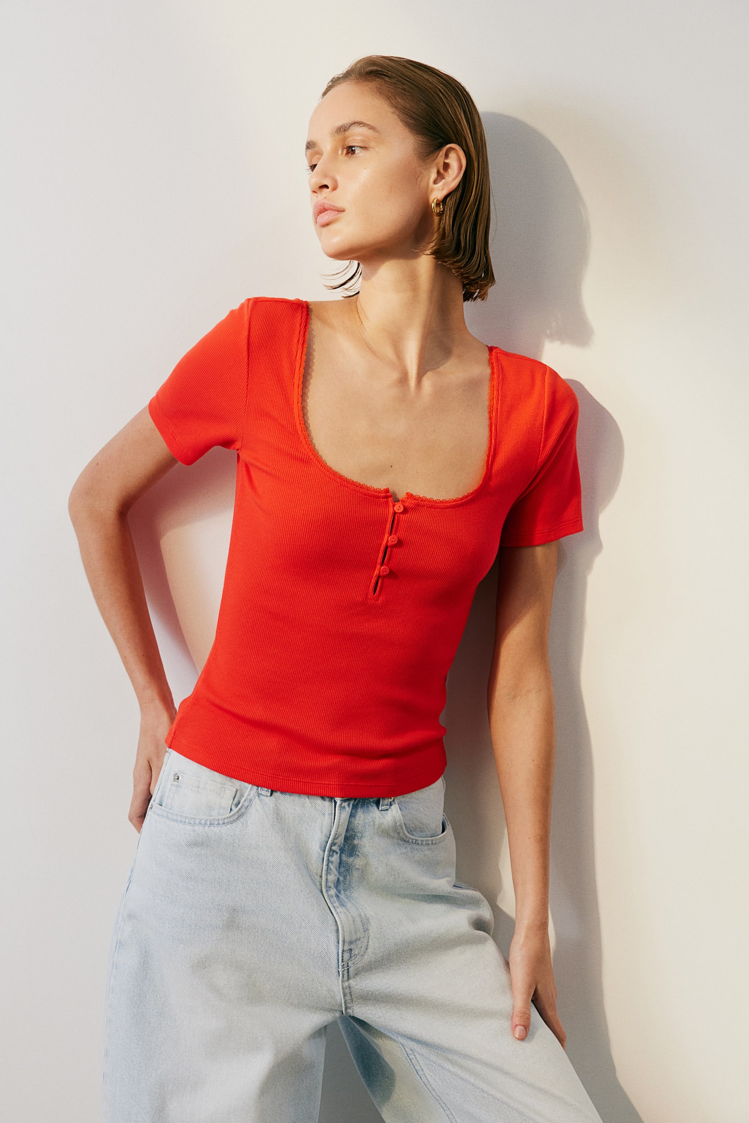 Ribbed jersey top - Bright red/Light yellow/Black - 4