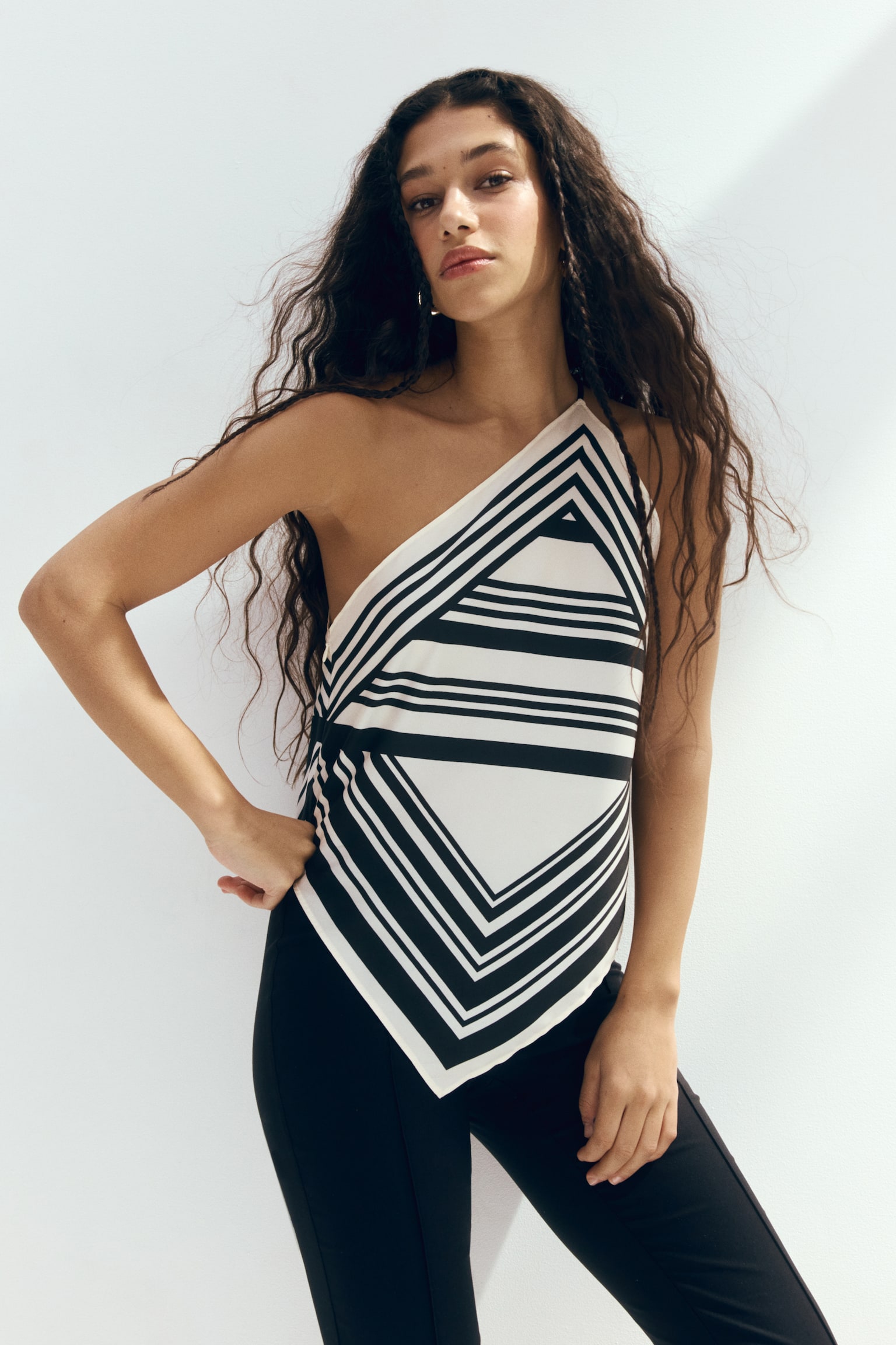 Scarf-Look One-Shoulder Top - Cream/striped - 2