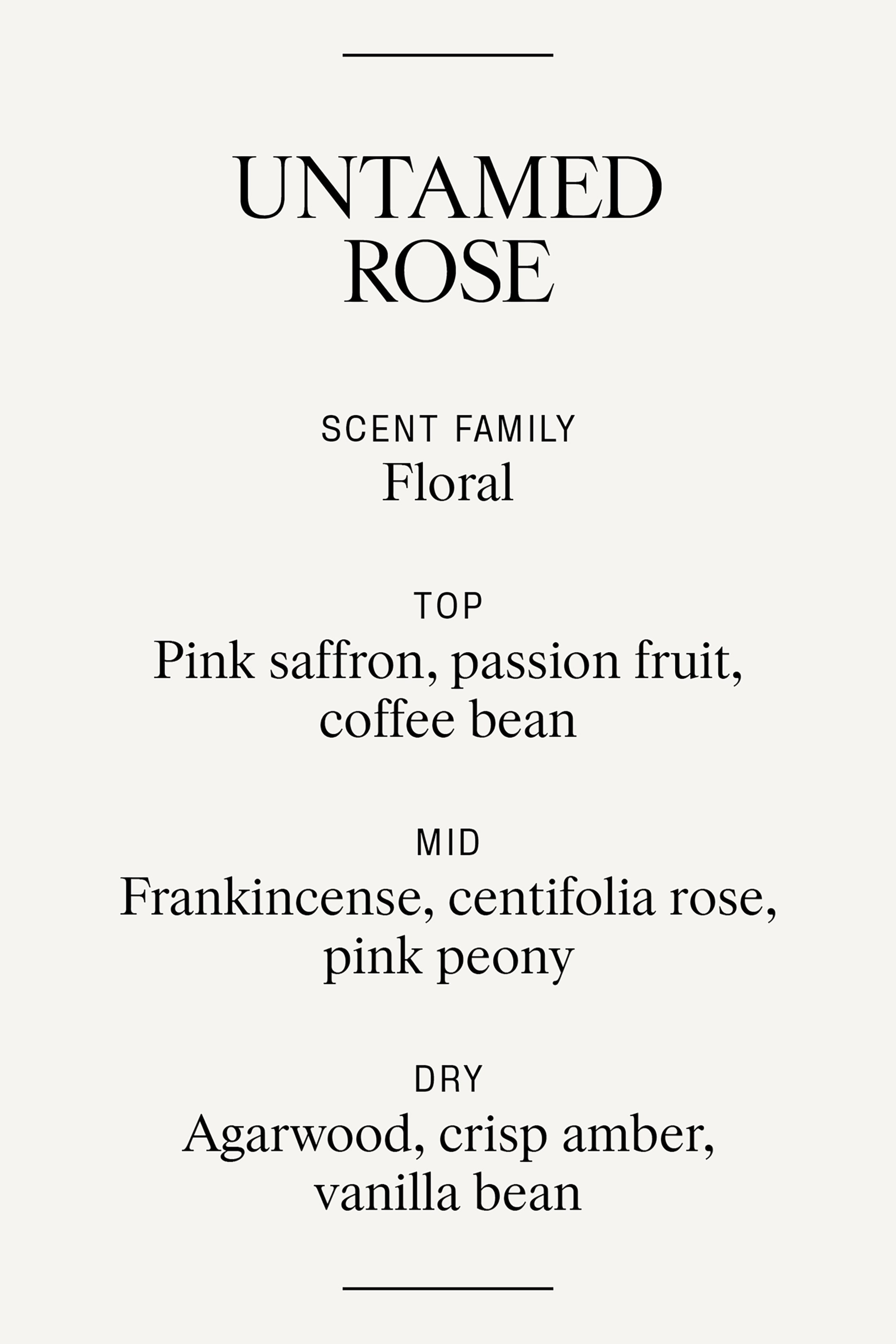 הצגת תמונה גדולה יותר: מוצגים תווי הריח של הבושם Untamed Rose , עם פירוט משפחת הריח כפרחוני. תווי הראש כוללים זעפרן ורוד, פרי תשוקה וגרגרי קפה; תווי האמצע כוללים לבונה, ורד צנטיפוליה ופאוני ורוד; ותווי הבסיס כוללים עץ אגר, ענבר פריך ווניל.