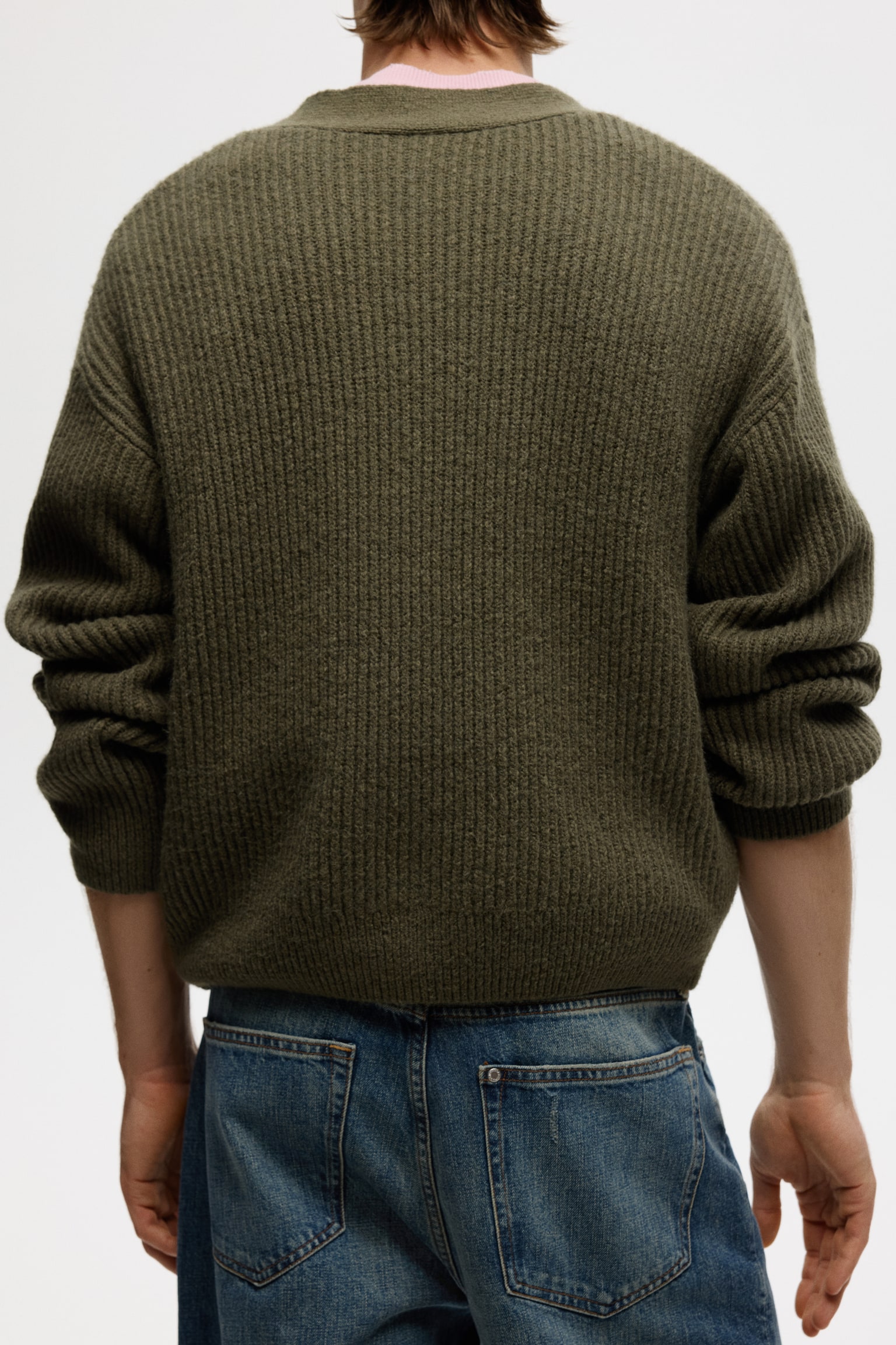 Loose Fit Rib-knit cardigan - Khaki green/Beige/Dark khaki green - 5