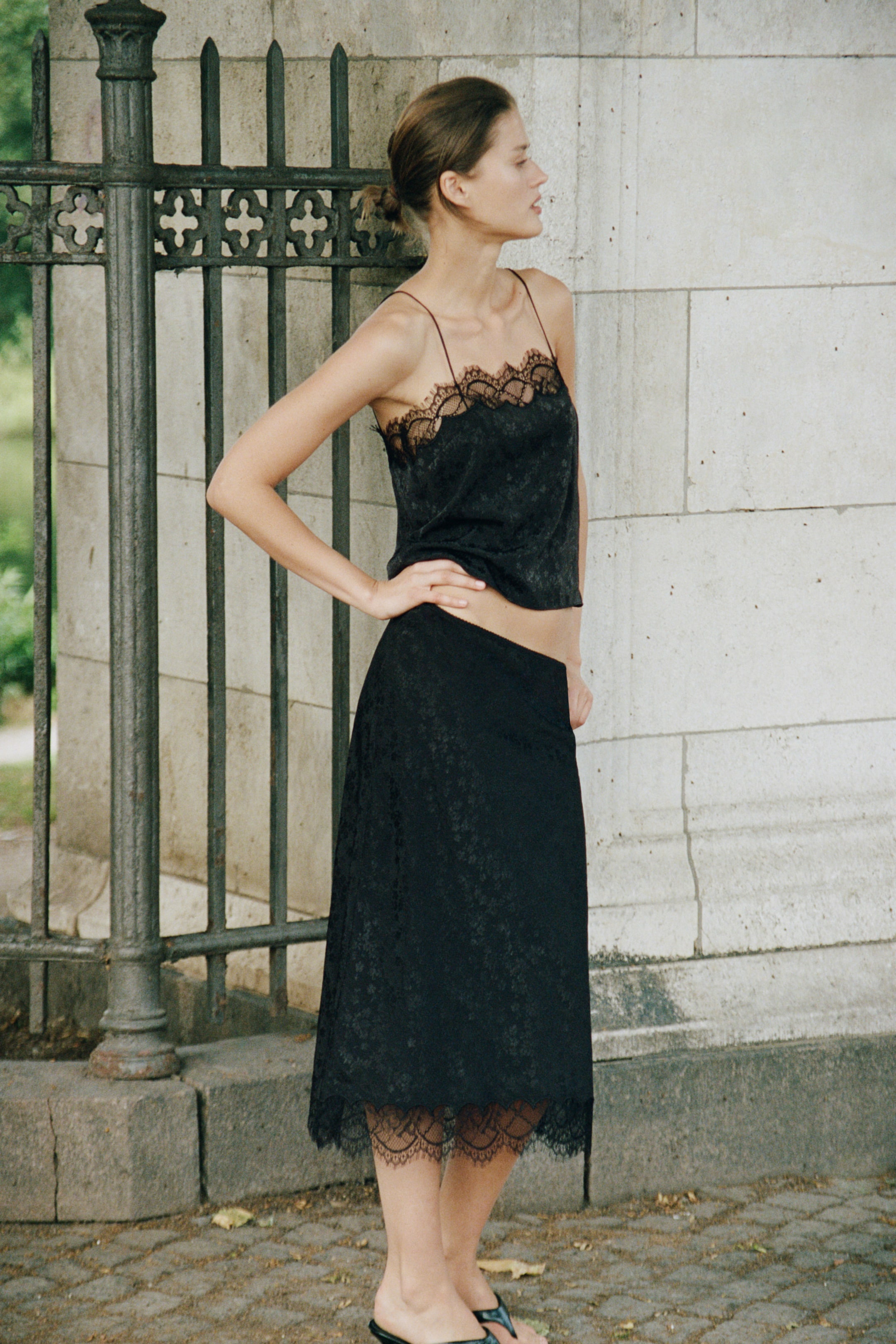 Lace-Trimmed Midi Skirt
