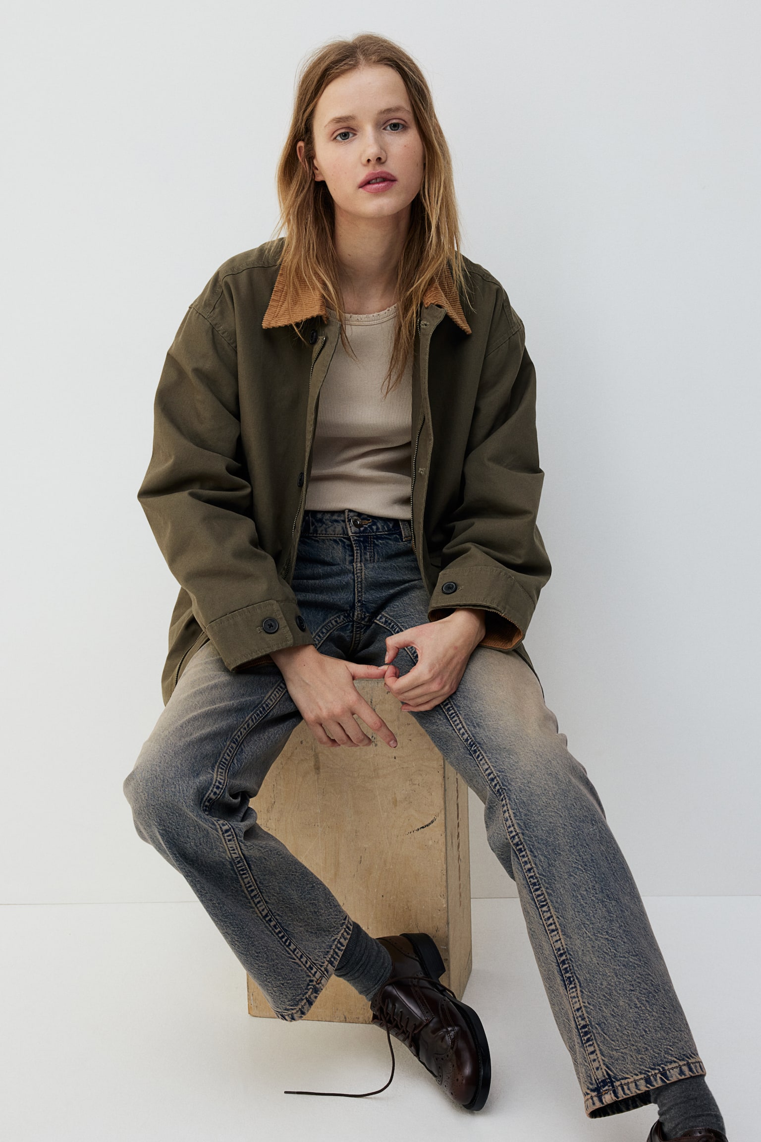 Oversized canvas jacket - Khaki green/Beige - 5