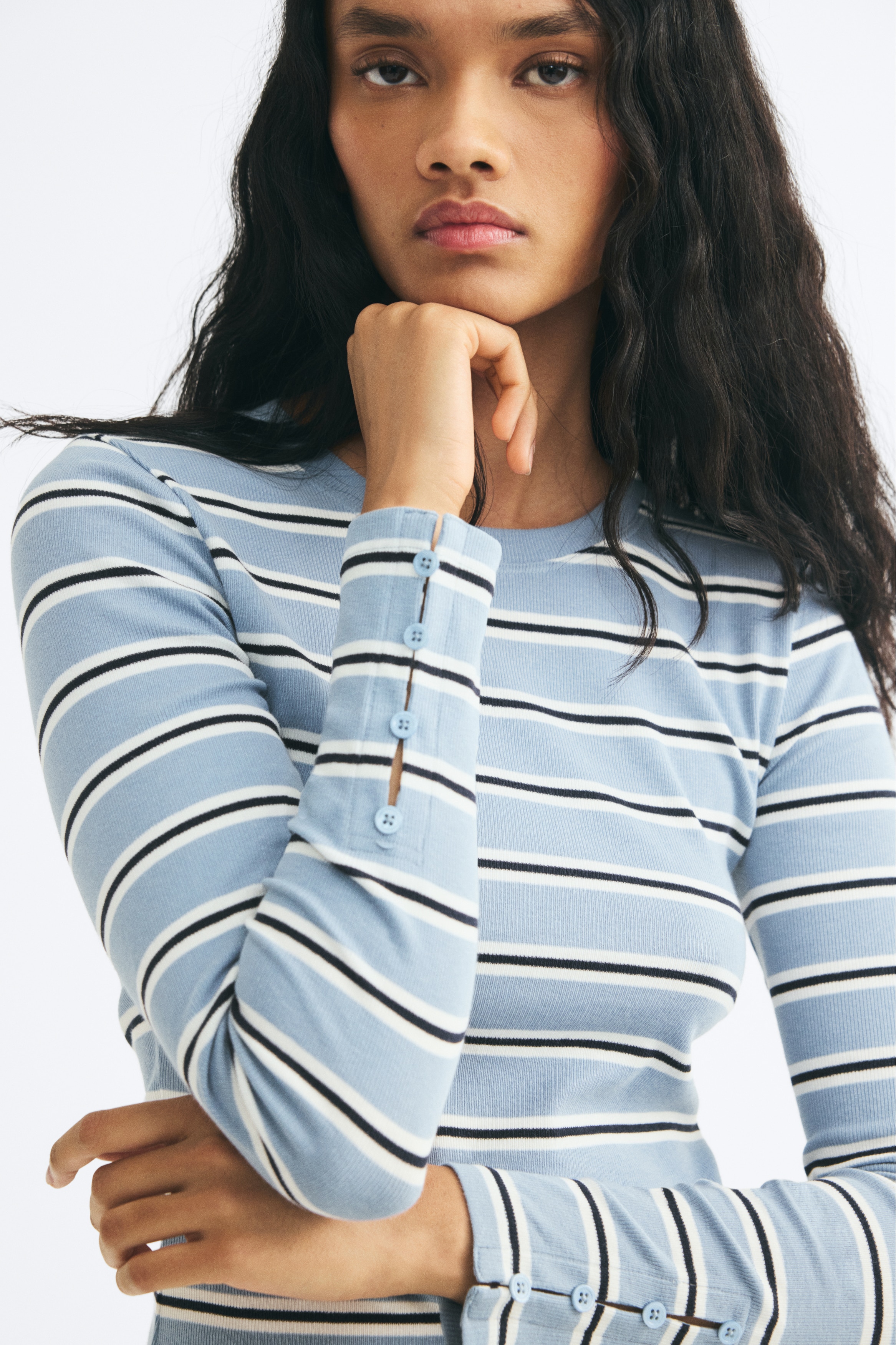 Long-sleeved button-detail top - Dusty blue/Striped/Red/Striped