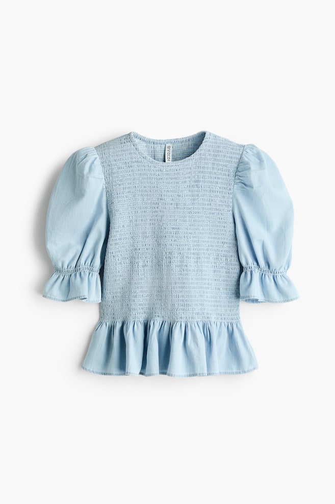 Smocked denim blouse - Light blue/Dark denim blue - 1