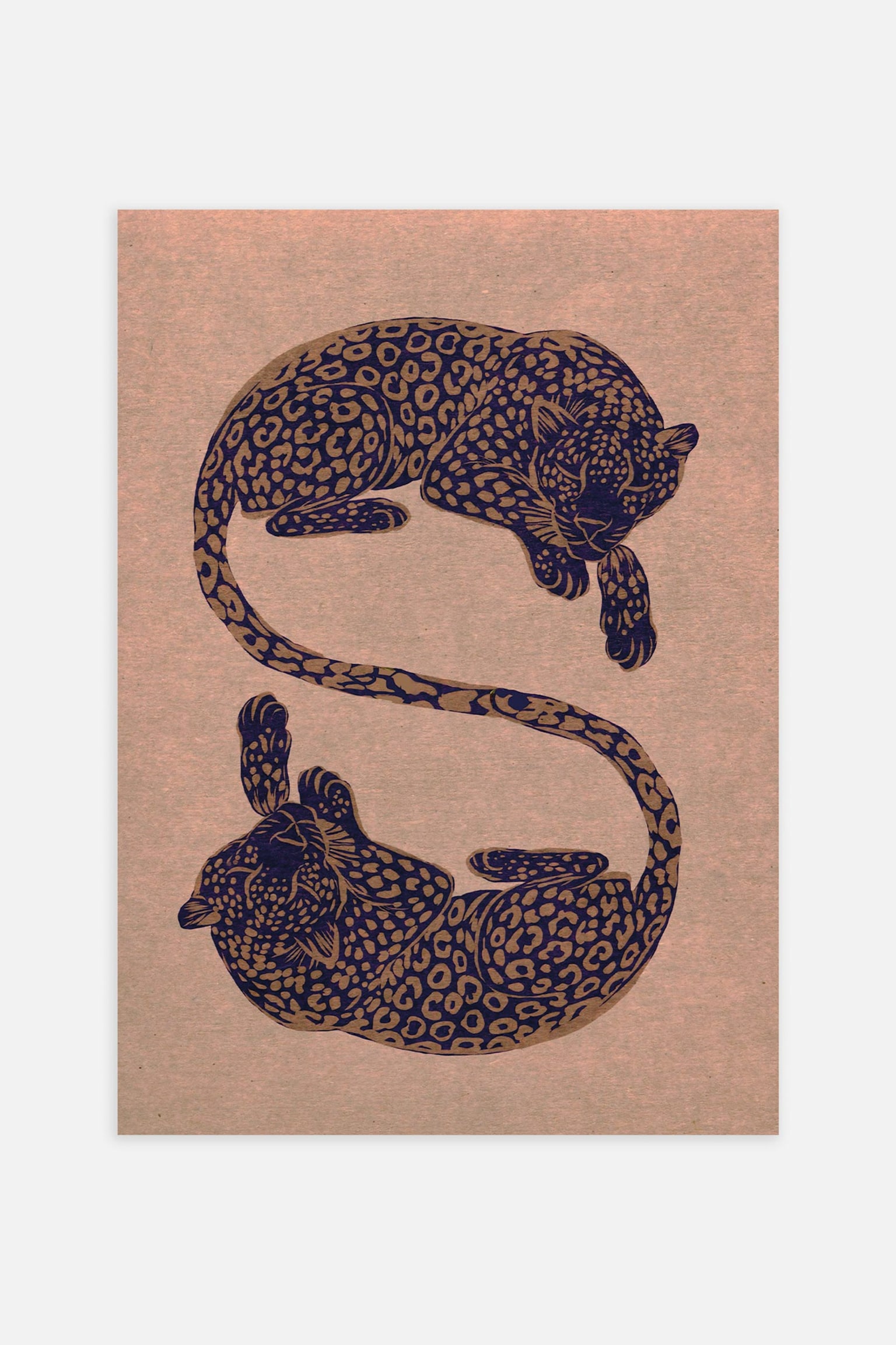Taidevedoksessa on kaksi tyyliteltyÃ¤ leopardia, jotka on kuvattu tummansinisellÃ¤ musteella teksturoidulle, pÃ¶lyisen vaaleanpunaiselle taustalle. Leopardit muodostavat S-kirjaimen muodon, jossa ylÃ¤leopardi katsoo oikealle ja alaleopardi lepÃ¤Ã¤ ylÃ¶salaisin vasemmalle pÃ¤in. - 1
