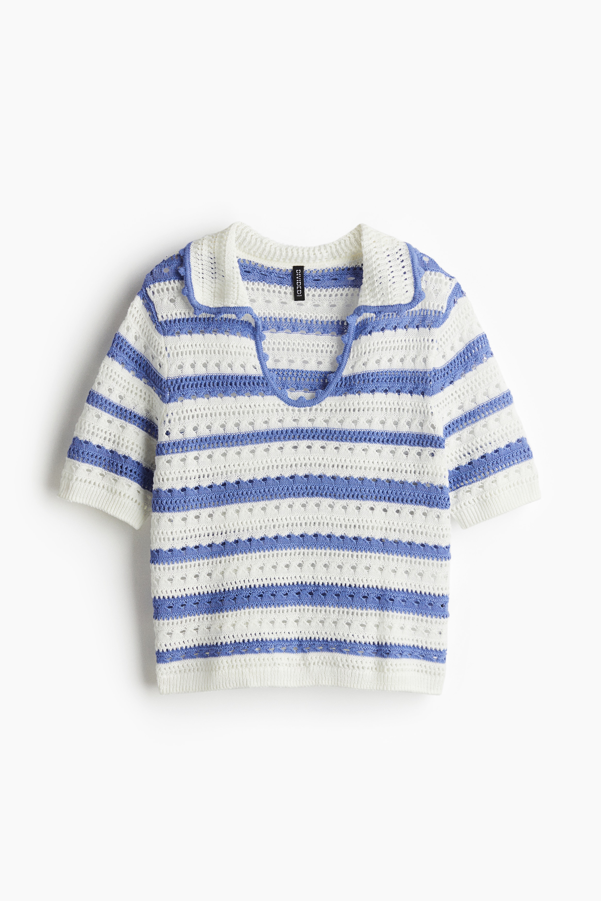 Collared hole-knit top - White/Blue striped/White/Navy blue striped