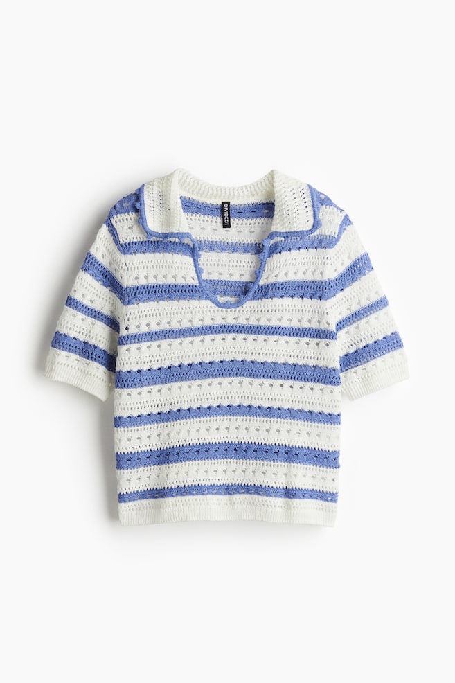 Collared hole-knit top - White/Blue striped/White - 1