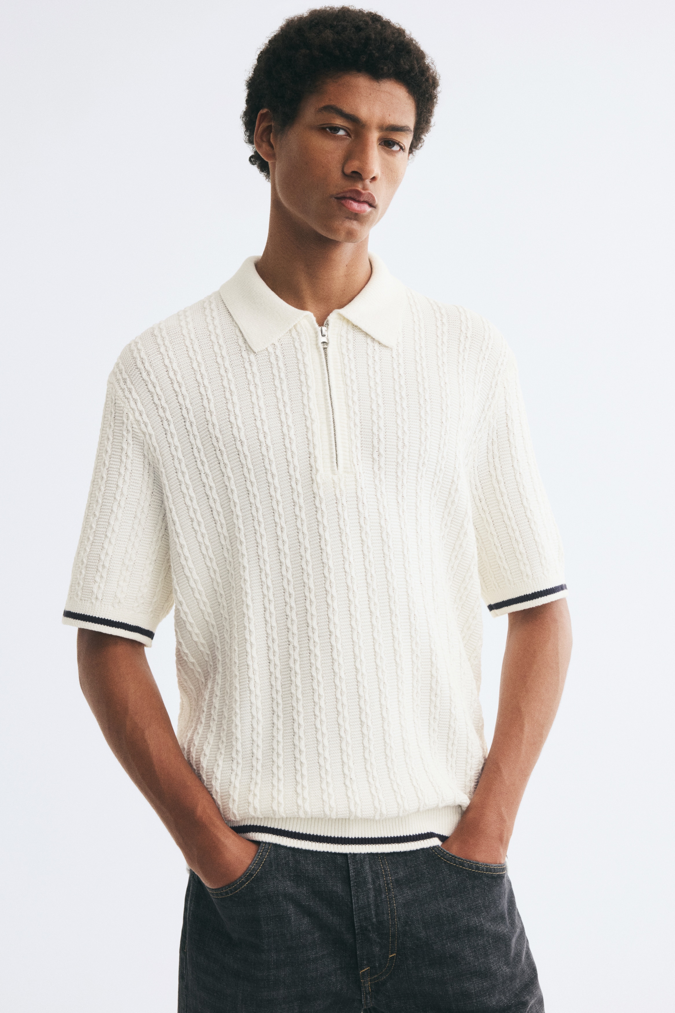 Áo polo cổ kéo khoá Relaxed Fit - Màu kem/Màu xám/Màu xanh tím than