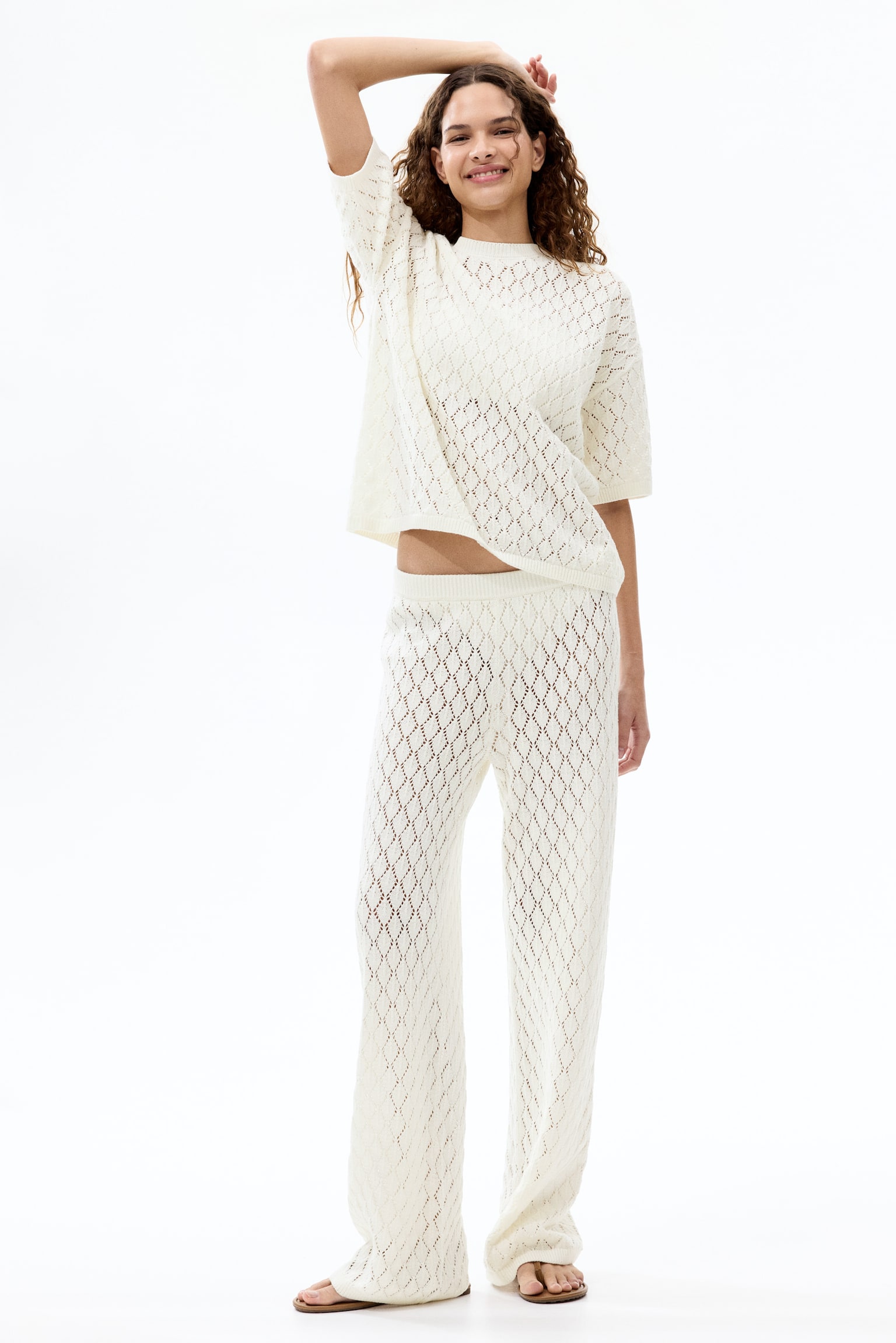 Bluză tricotată cu model pointelle - Crem - 3