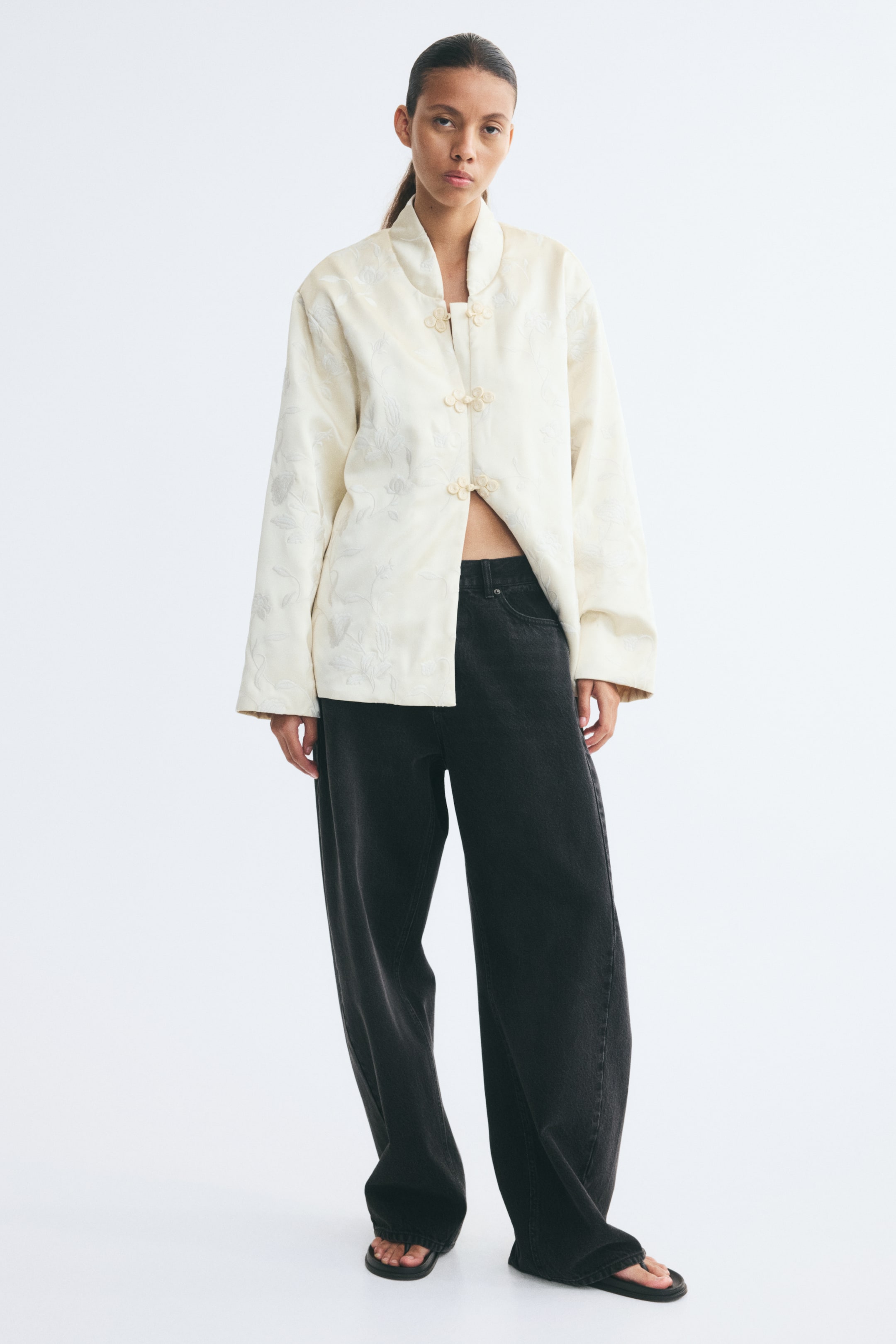 Embroidered Knot-Button Jacket